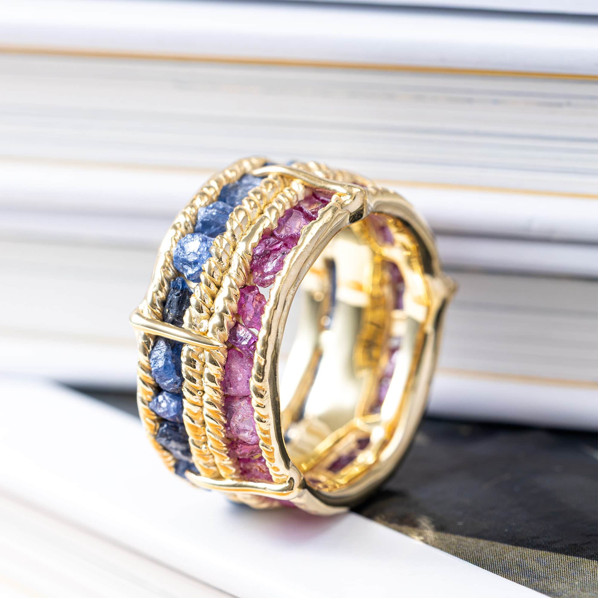 Tyra Handcrafted Barrel Ring with Raw Blue Sapphire & Ruby in 14K Gold Plated Silver