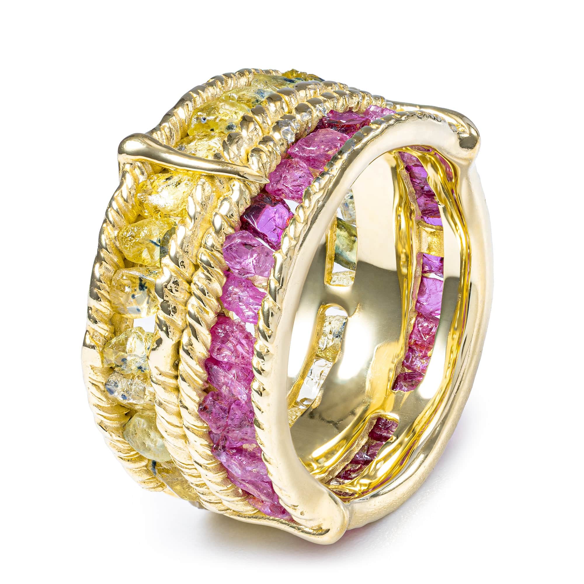 Tyra Handcrafted Barrel Ring with Raw Sapphire & Ruby in 14K Gold Plated Silver