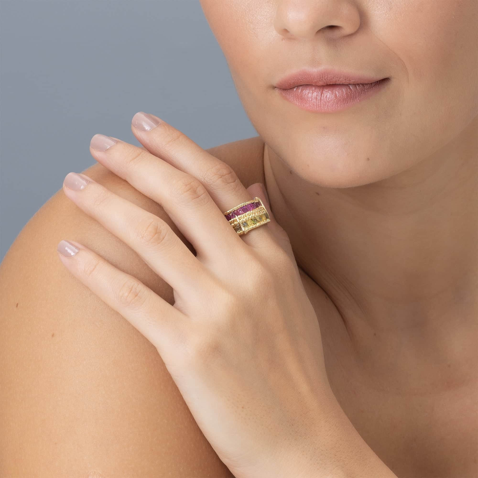 Tyra Handcrafted Barrel Ring with Raw Sapphire & Ruby in 14K Gold Plated Silver