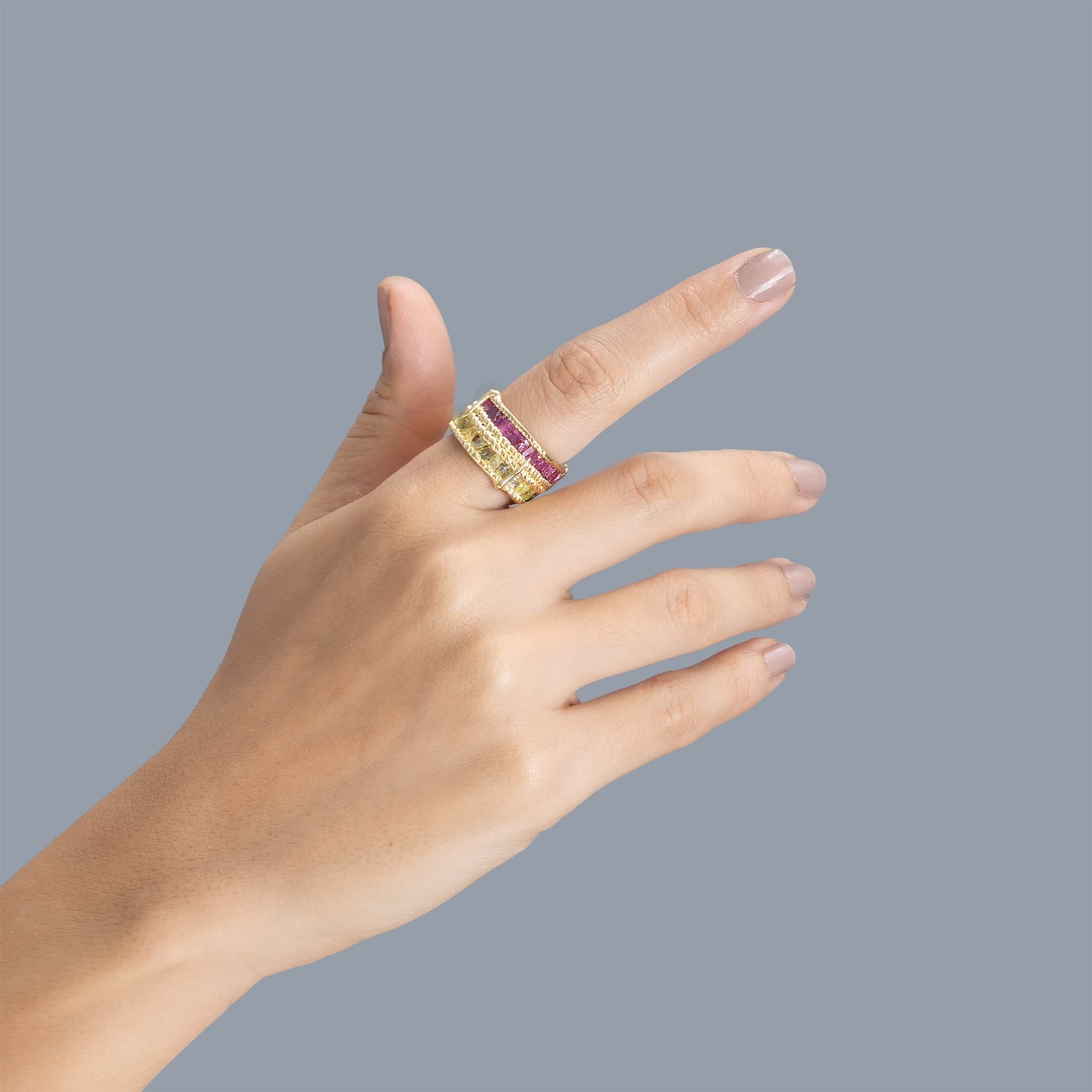 Tyra Handcrafted Barrel Ring with Raw Sapphire & Ruby in 14K Gold Plated Silver