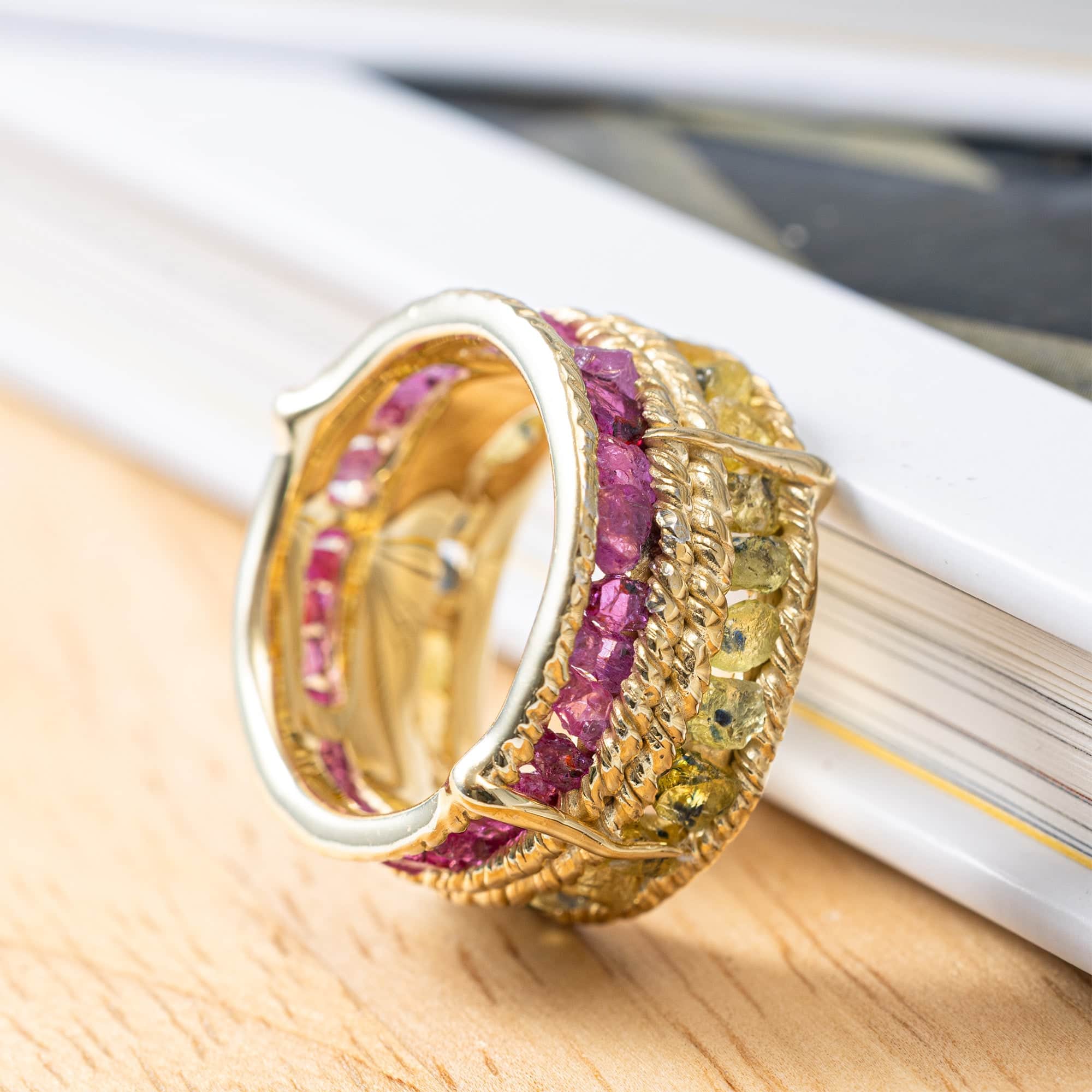 Tyra Handcrafted Barrel Ring with Raw Sapphire & Ruby in 14K Gold Plated Silver