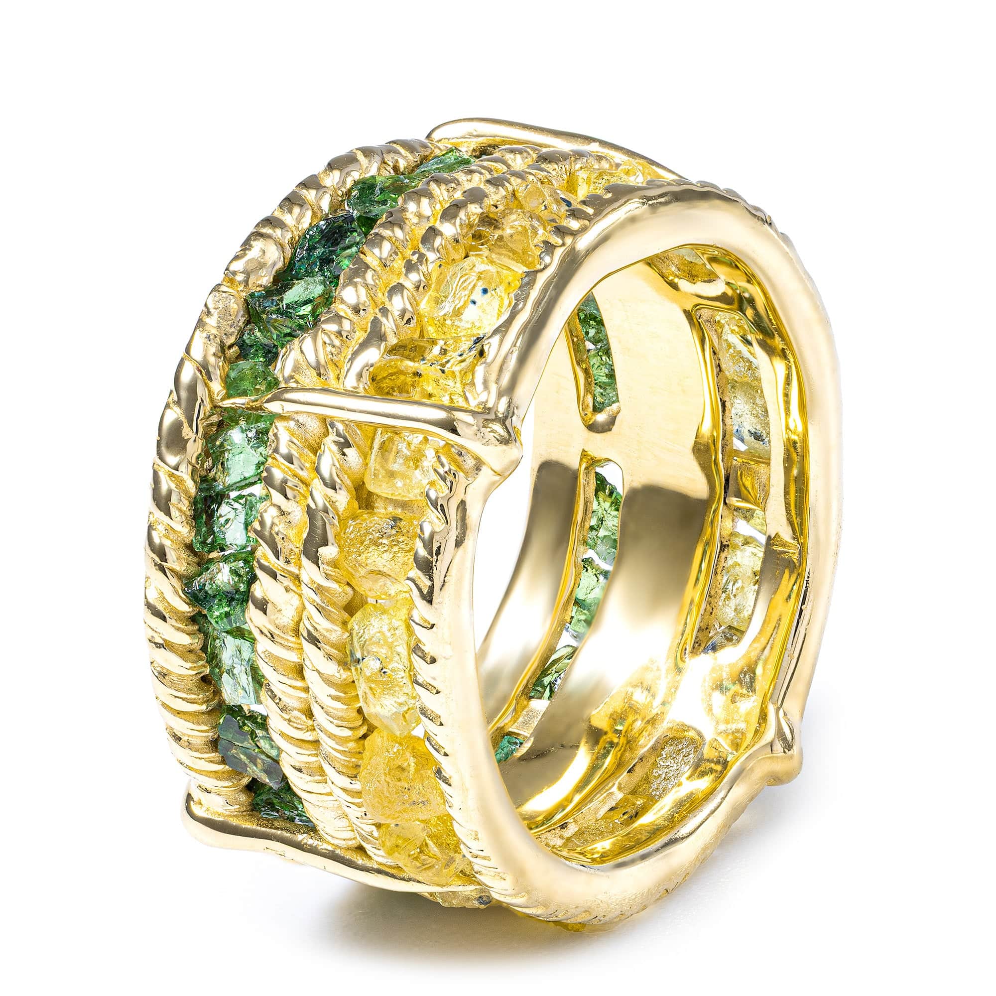 Tyra Handcrafted Barrel Ring with Raw Yellow Sapphire & Chrome Diopside in 14K Gold Plated Silver