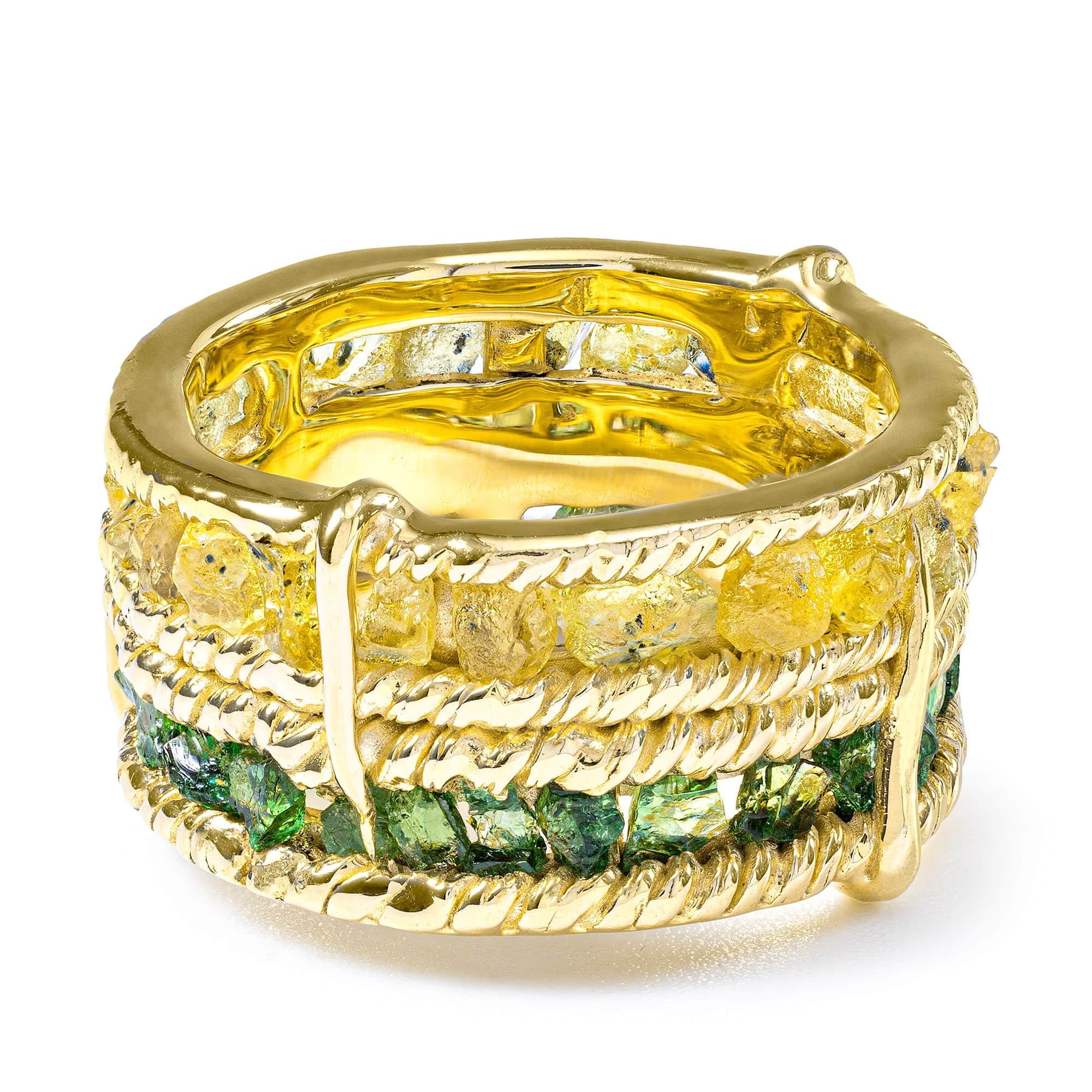 Tyra Handcrafted Barrel Ring with Raw Yellow Sapphire & Chrome Diopside in 14K Gold Plated Silver
