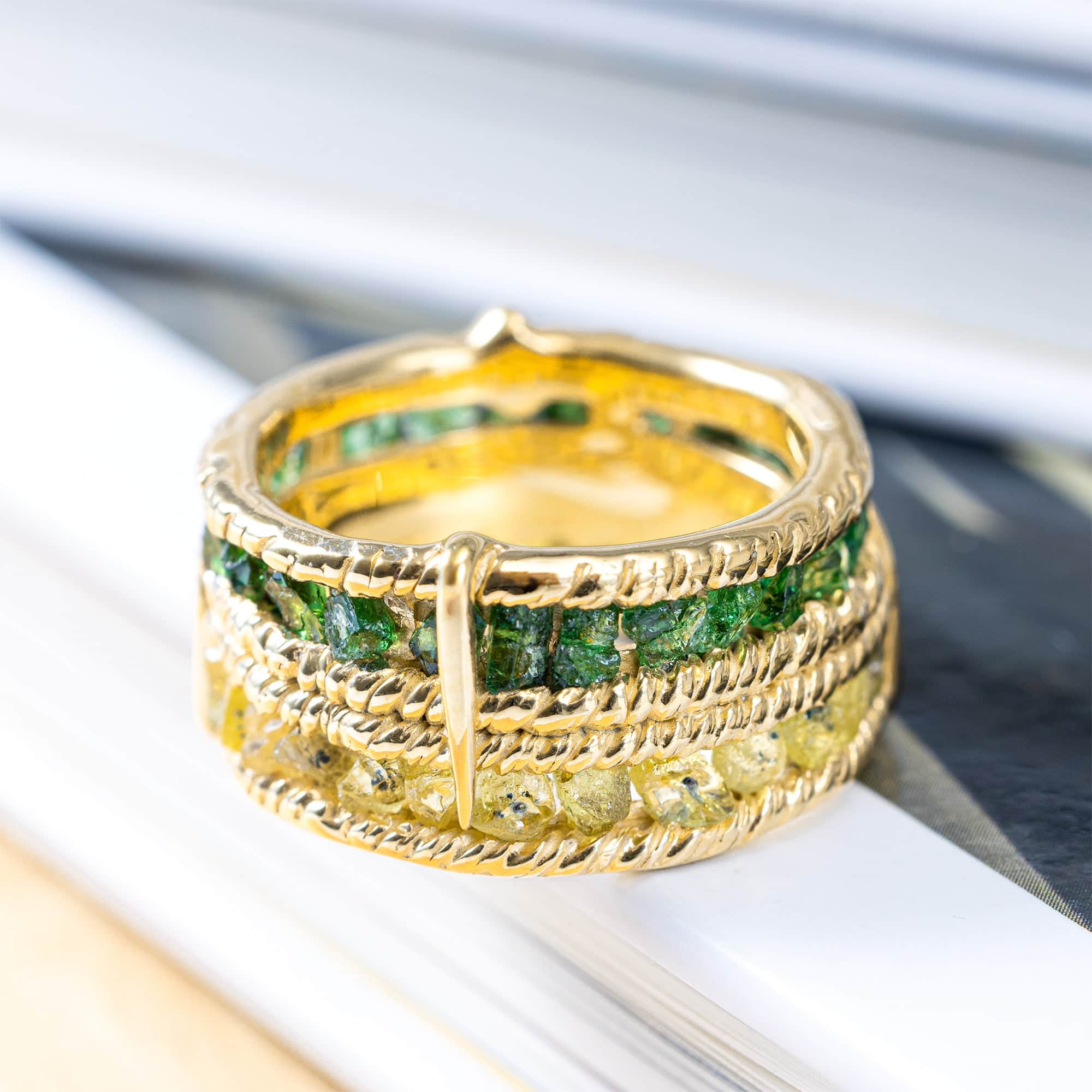 Tyra Handcrafted Barrel Ring with Raw Yellow Sapphire & Chrome Diopside in 14K Gold Plated Silver