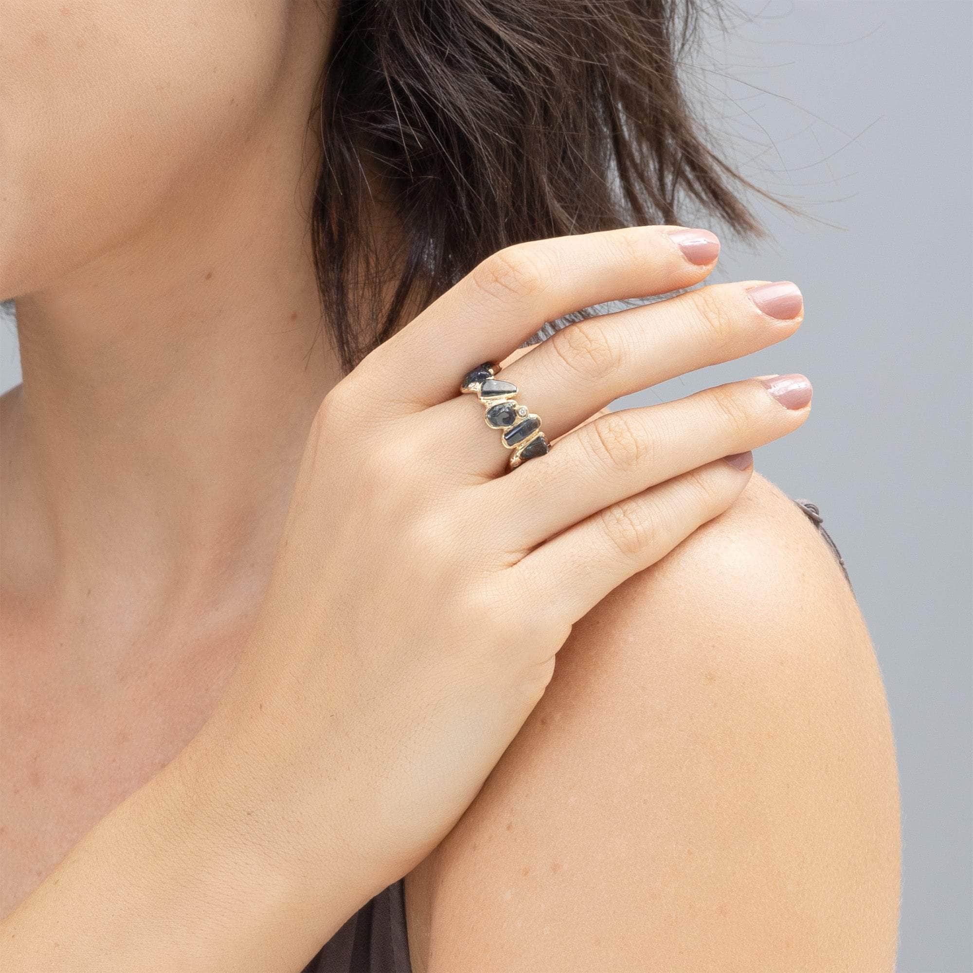 Ulane 14K Gold Ring with Rough Sapphire Touching Skin & Diamonds