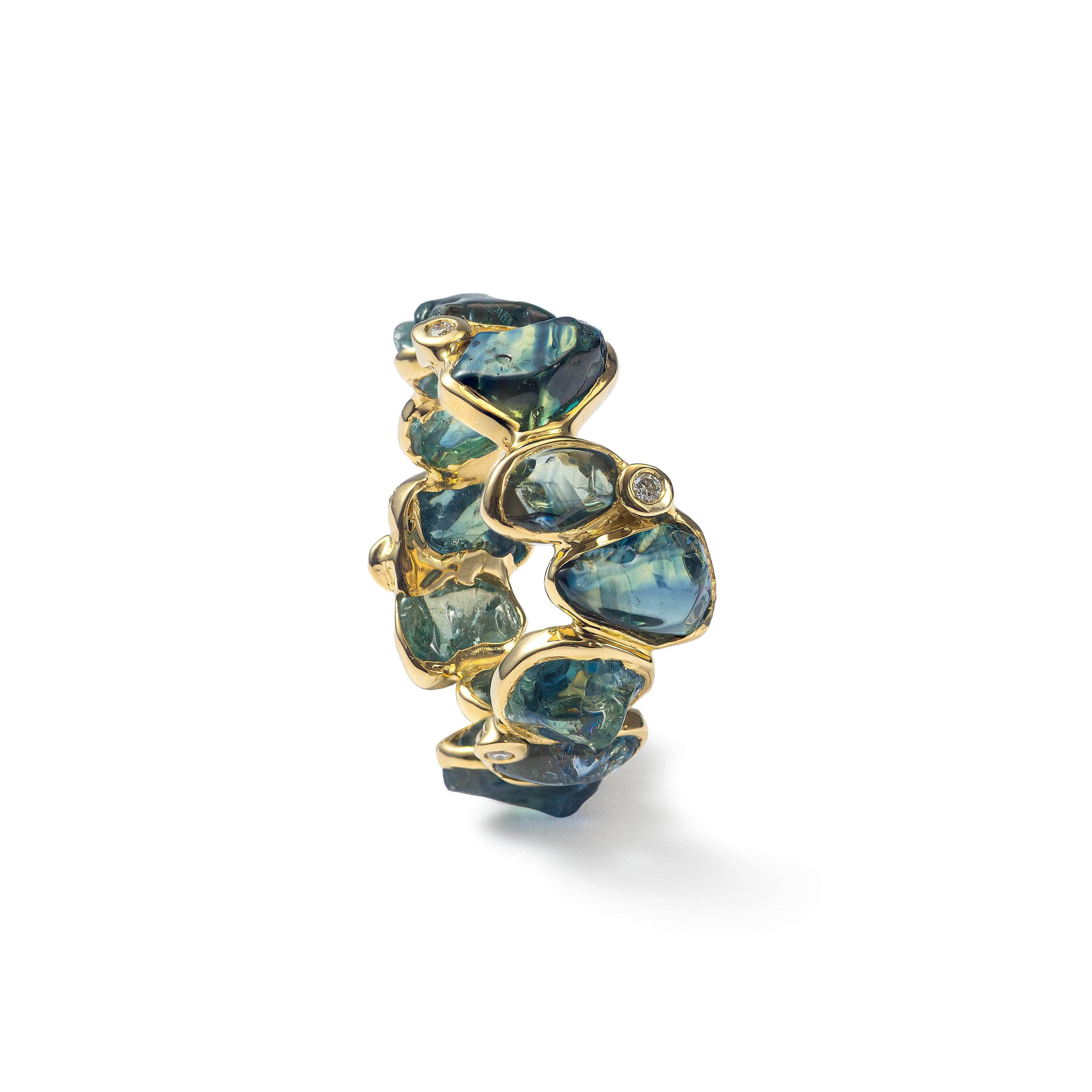 Ulane 14K Gold Ring with Rough Sapphire Touching Skin & Diamonds