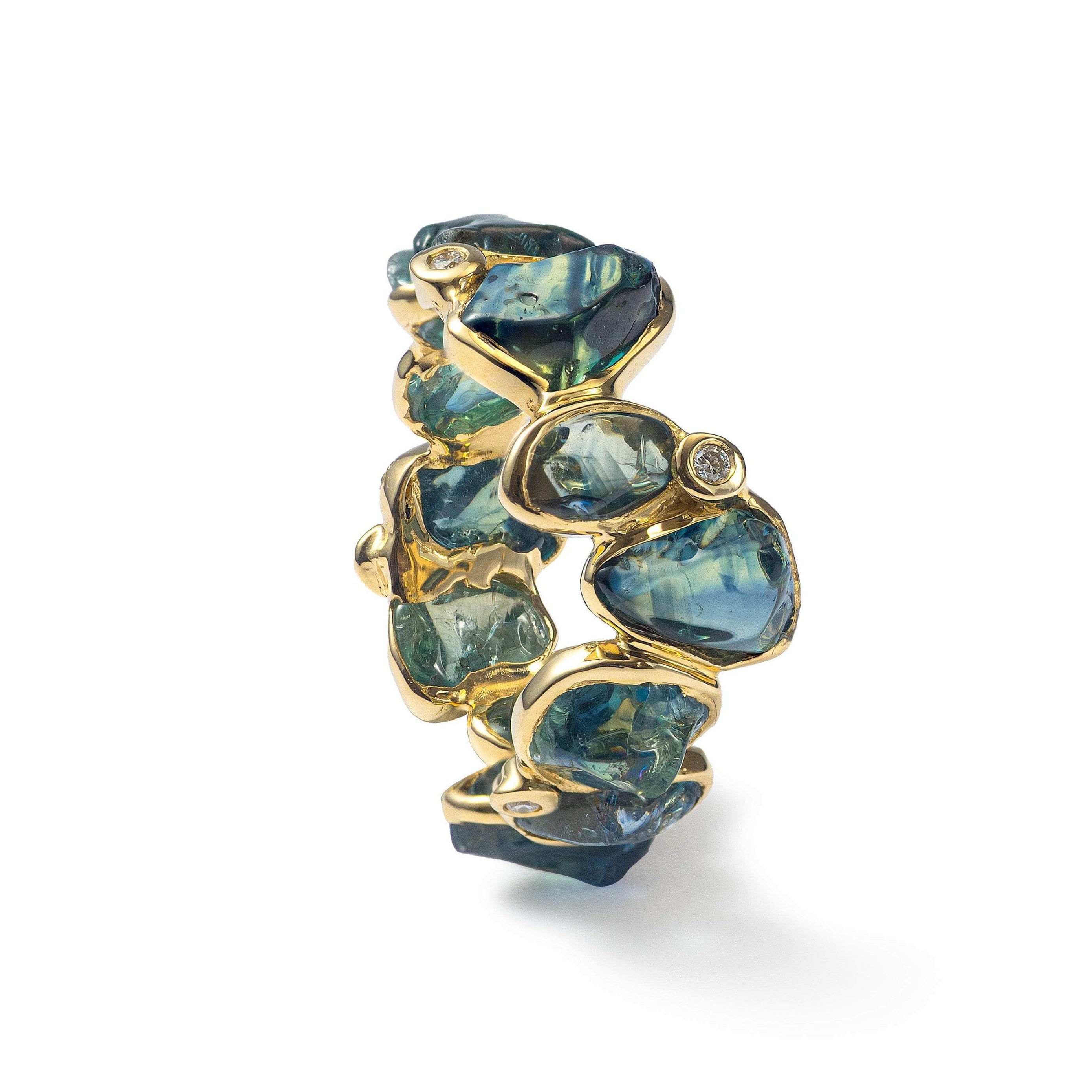 Ulane 14K Gold Ring with Rough Sapphire Touching Skin & Diamonds