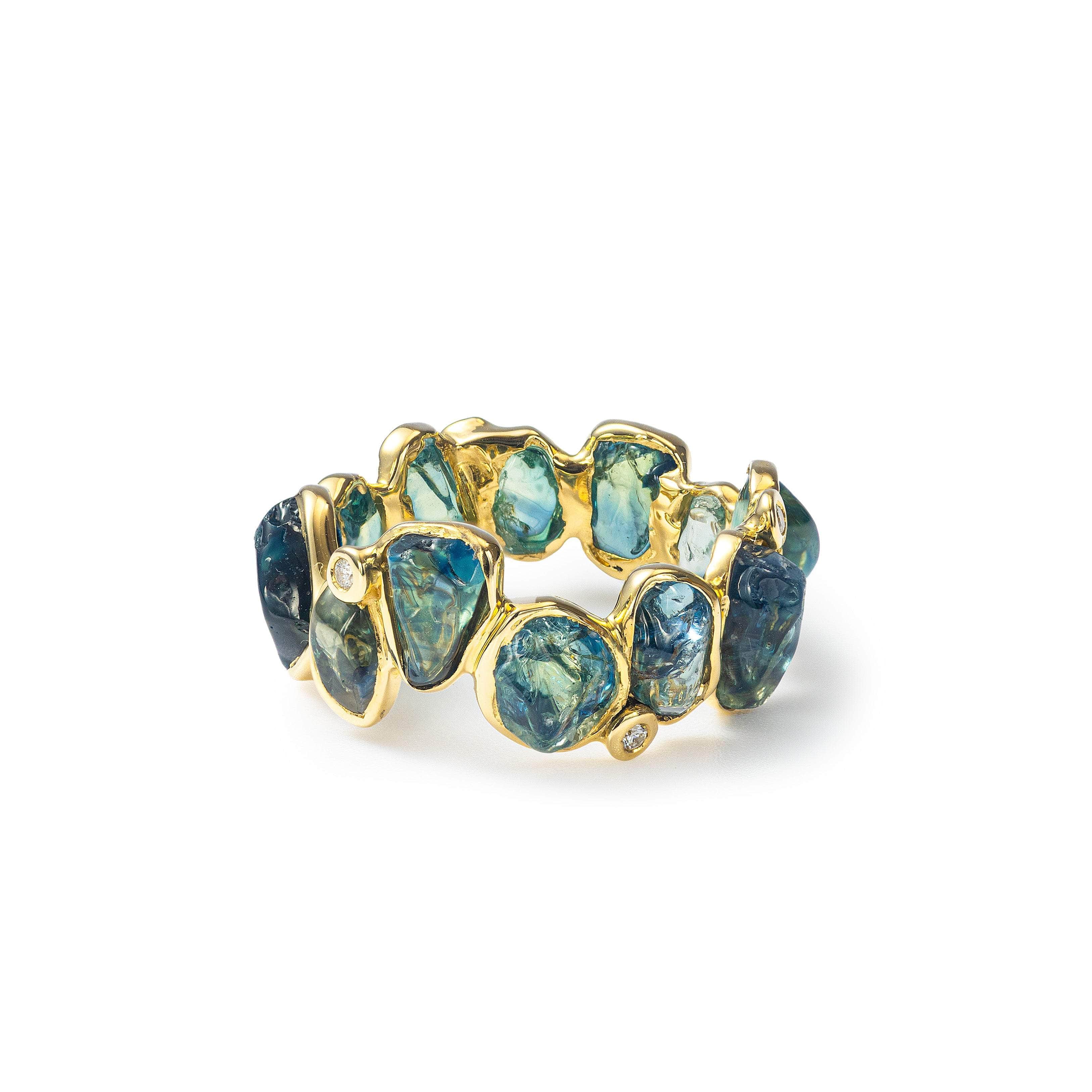 Ulane 14K Gold Ring with Rough Sapphire Touching Skin & Diamonds
