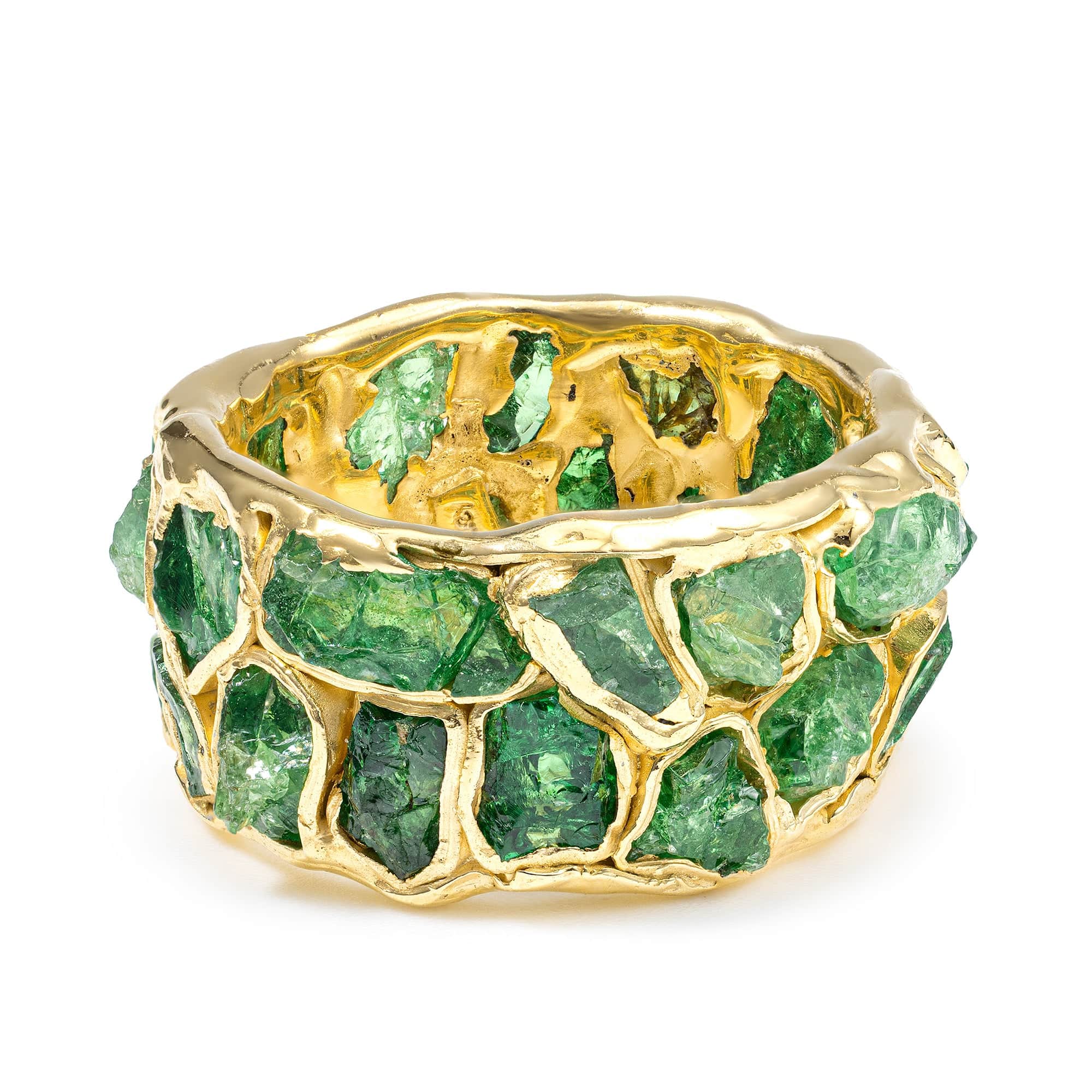 Viridi Wide Barrel Ring with Raw Green Tsavorite in Sterling Silver with 14K Gold Plating