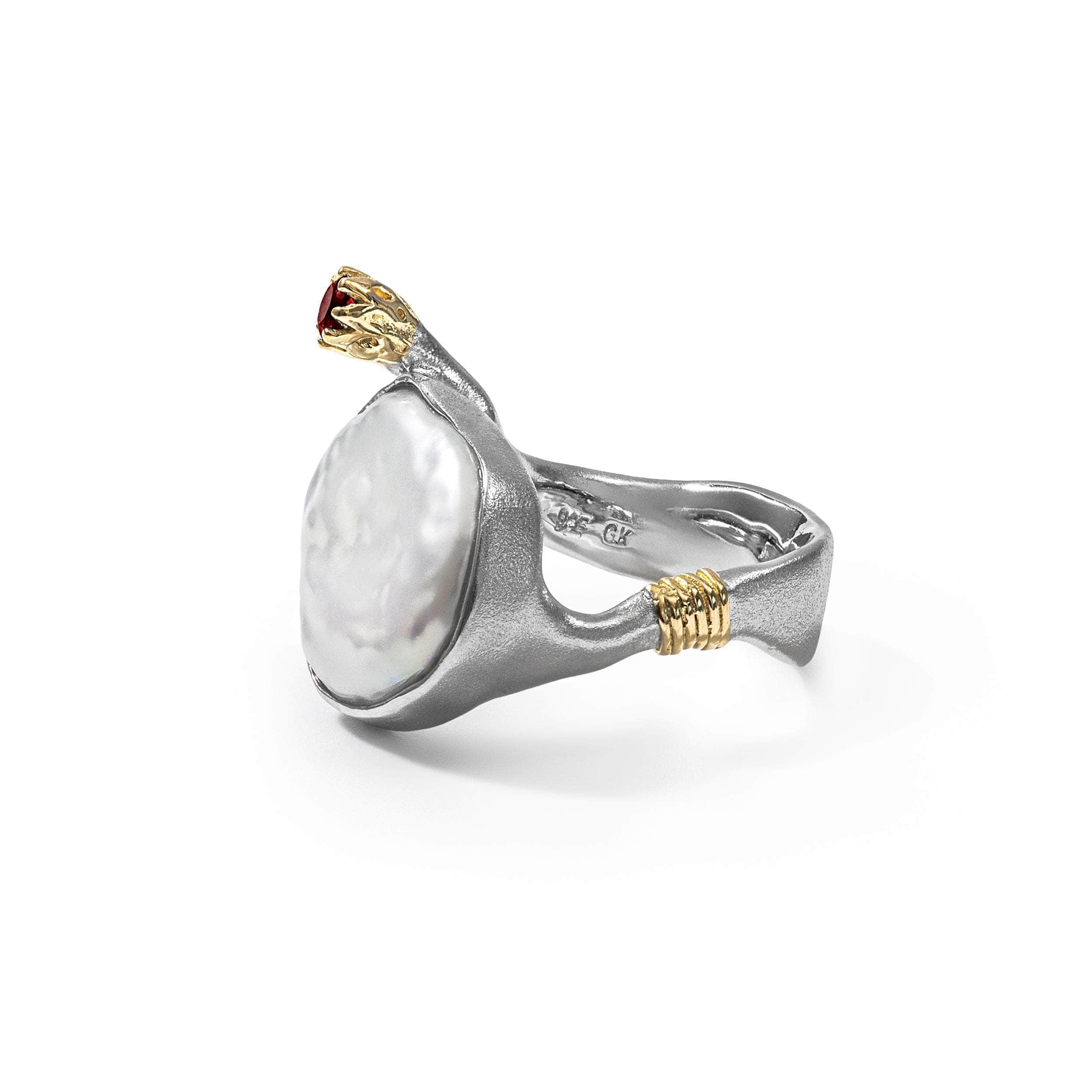 Vit Limited Design Silver Ring with Baroque Pearl & Rhodolite Garnet