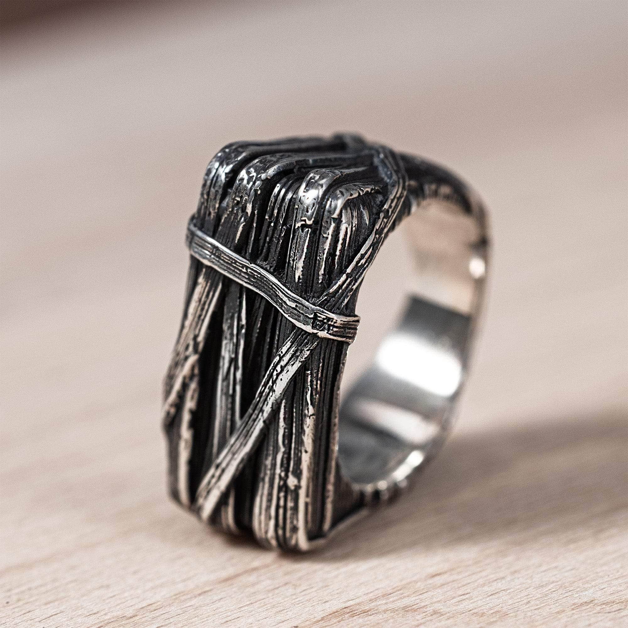 Vorrn Oxidized 925 Silver Ring with Wrapped Metal Design