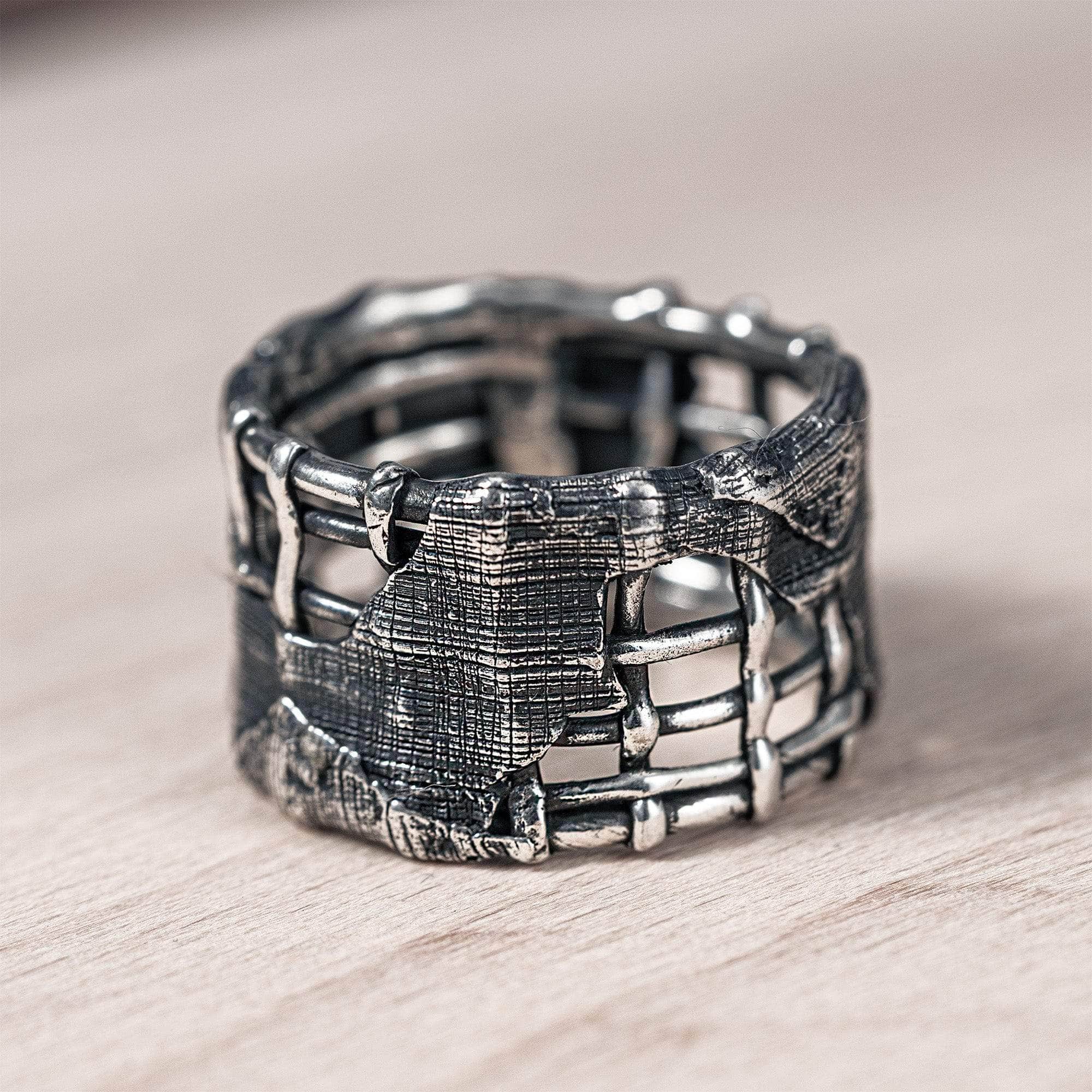 Warp Unisex Rustic 925 Silver Ring with Aged Steel Texture