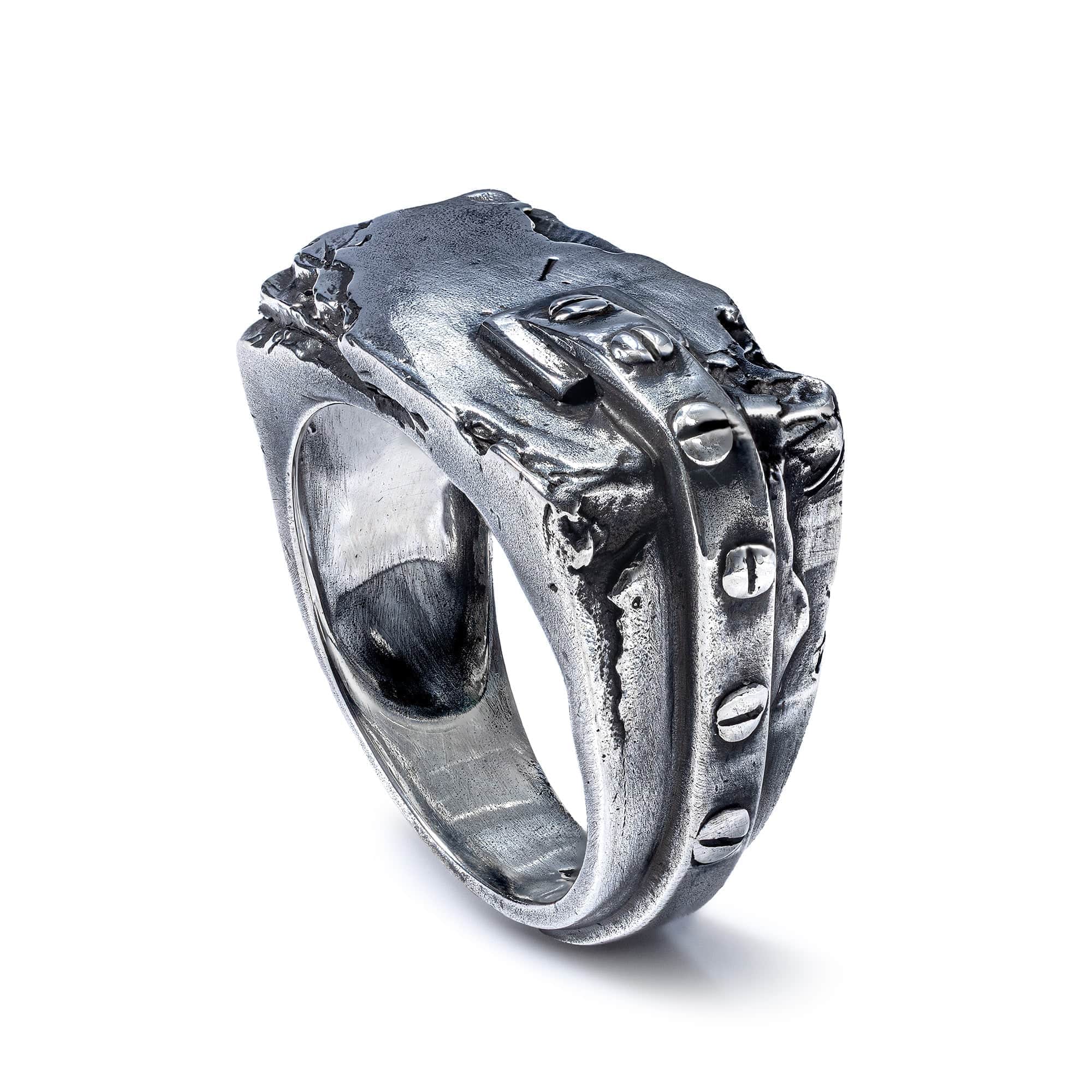 Wireform Oxidized Silver Ring with Mechanical-Inspired Details