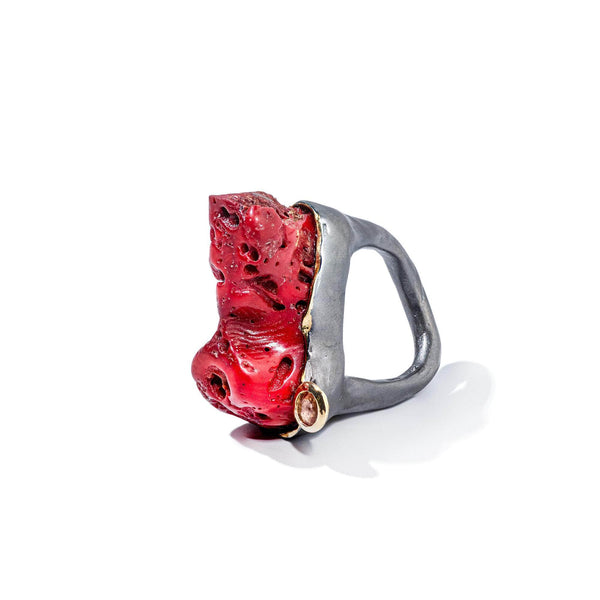 Ring 5.5 Koa Red Coral and Pink Tourmaline Ring Koa Red Coral and Pink Tourmaline Ring, Ring by GERMAN KABIRSKI