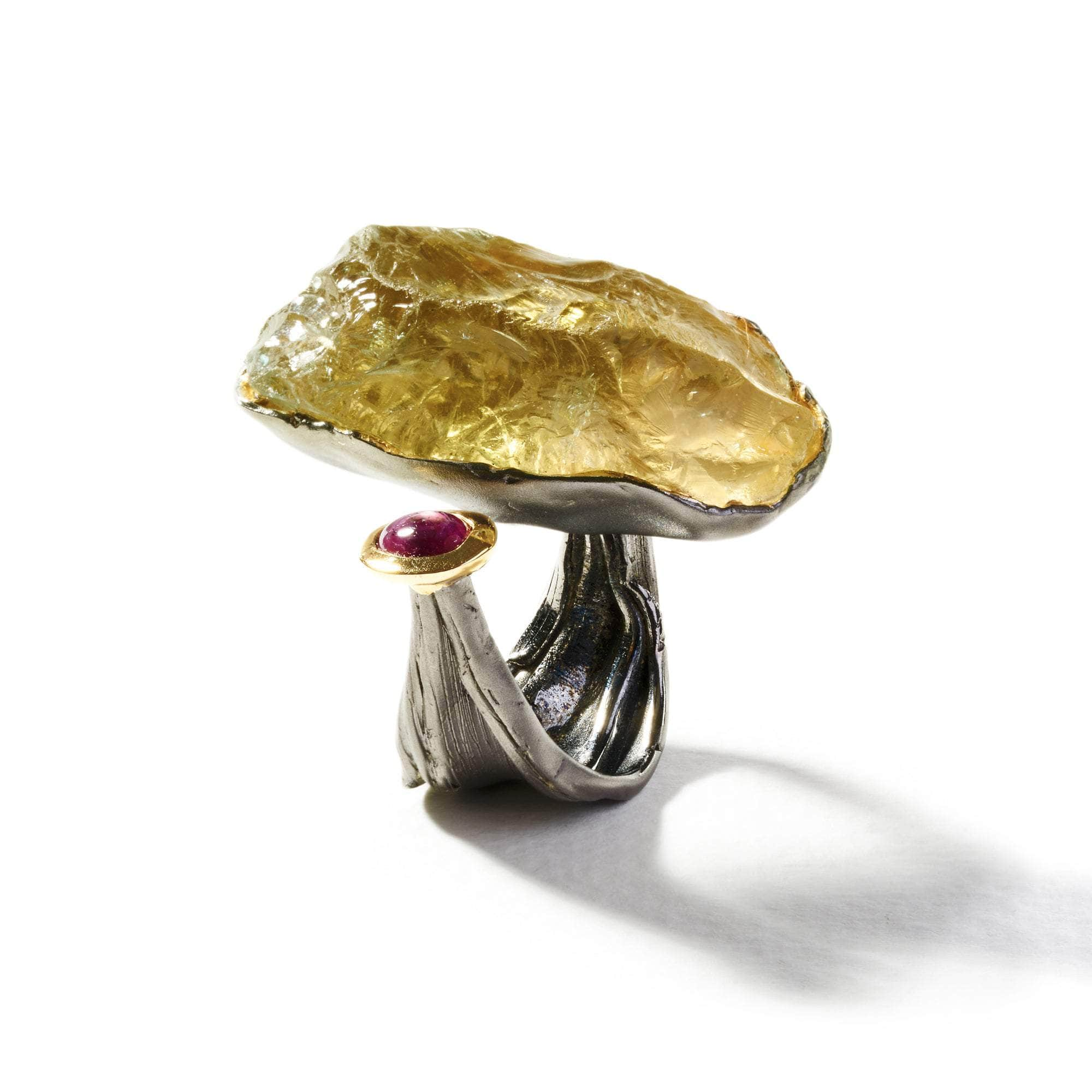 Kallisto Rough Lemon Quartz and Ruby Ring GERMAN KABIRSKI