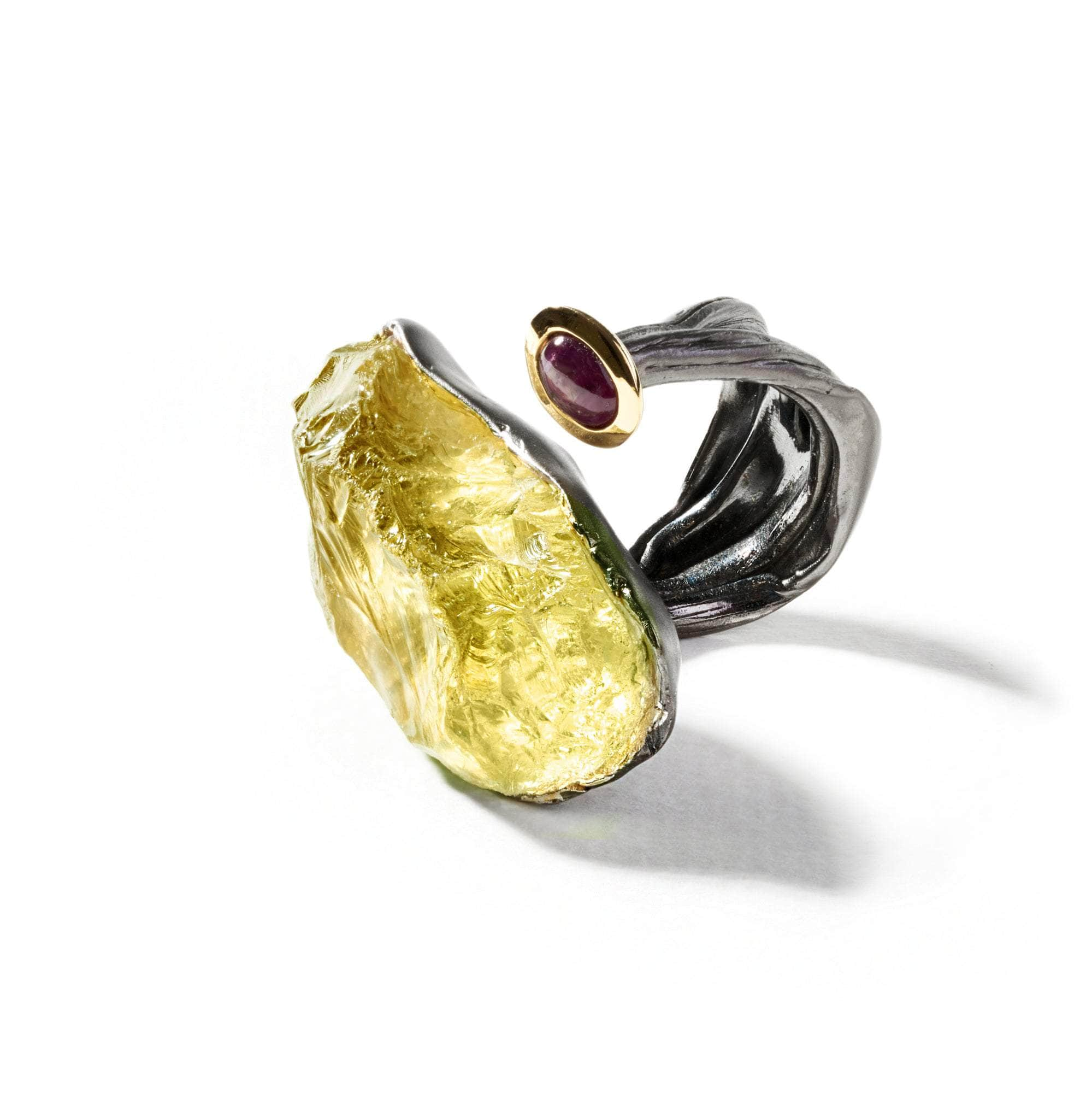 Kallisto Rough Lemon Quartz and Ruby Ring GERMAN KABIRSKI