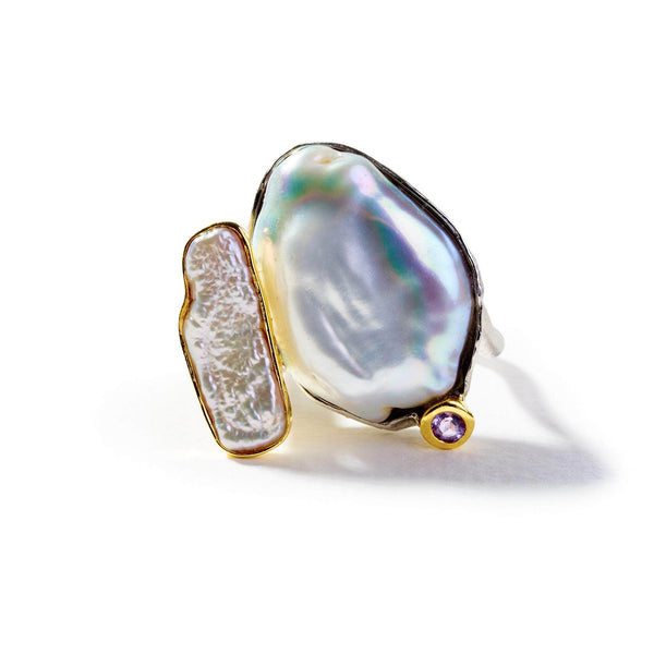Ring 7.5 Lua Baroque Pearl and Keshi Pearl and Amethyst Ring Lua Baroque Pearl and Keshi Pearl and Amethyst Ring, Ring by GERMAN KABIRSKI