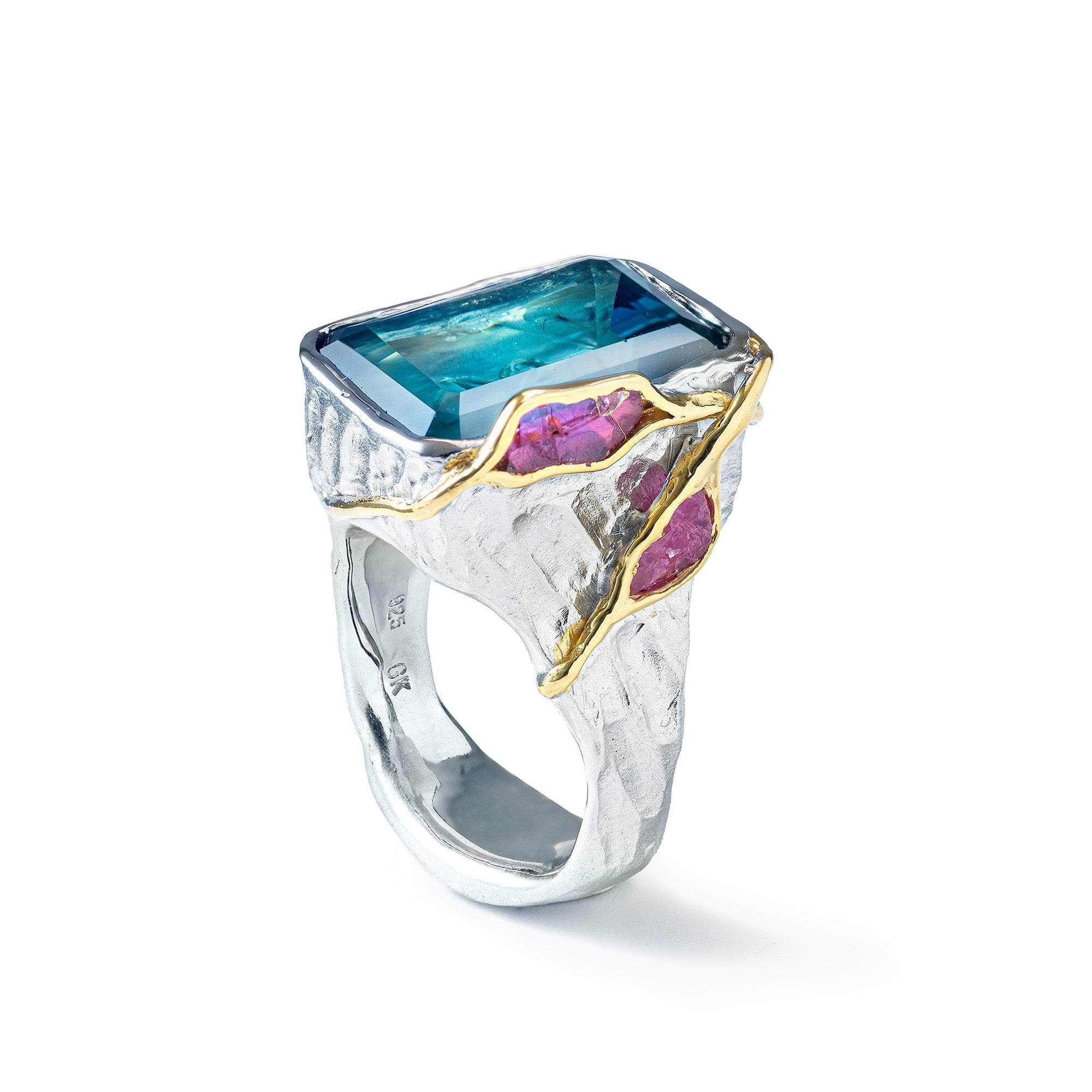 Ludger Blue Topaz and Rough Ruby Ring GERMAN KABIRSKI