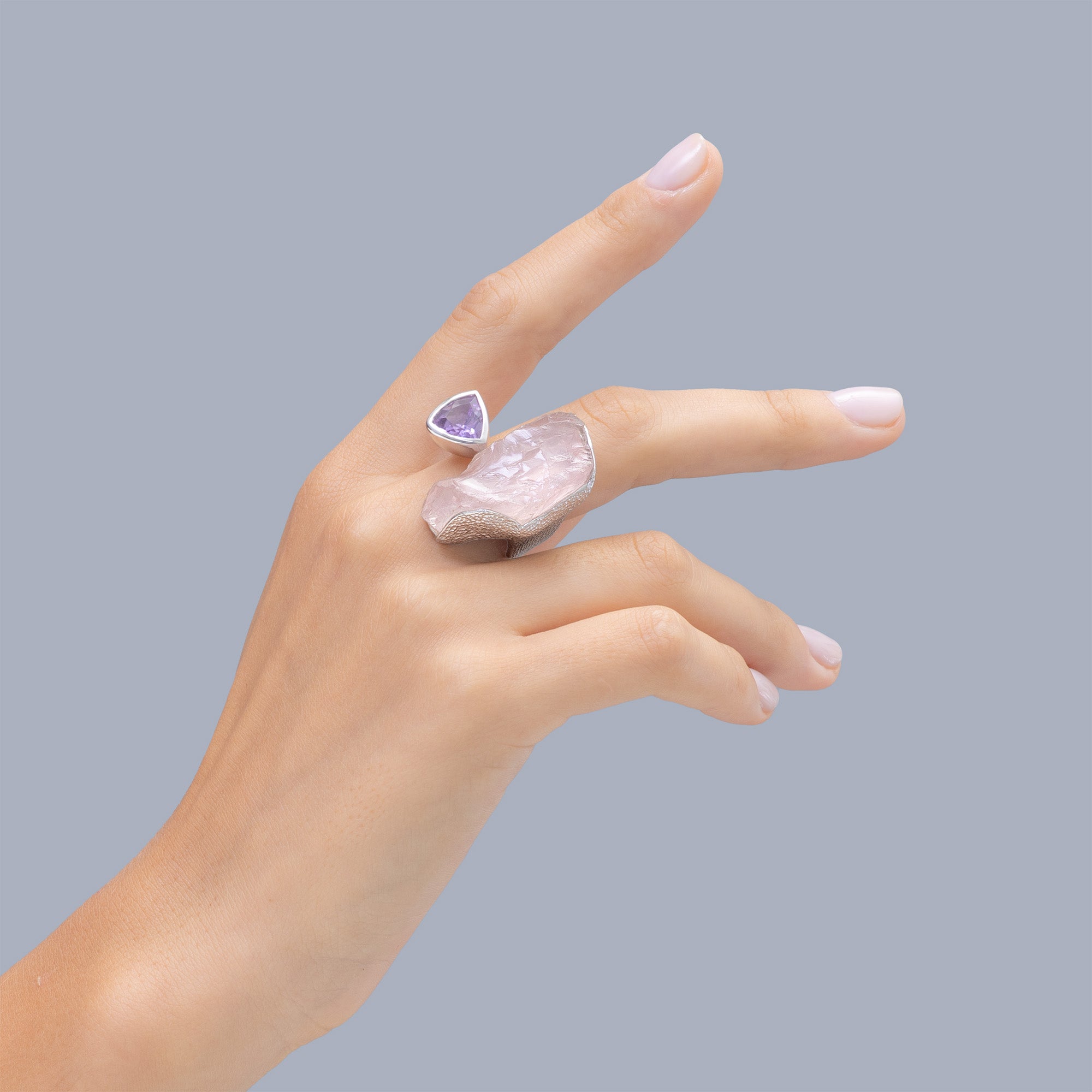 Nihal Rough Rose Quartz and Amethyst Ring