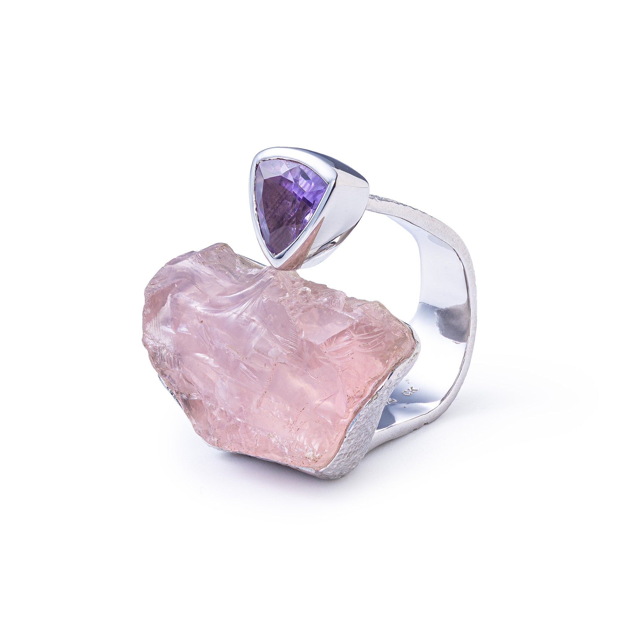 Nihal Rough Rose Quartz and Amethyst Ring