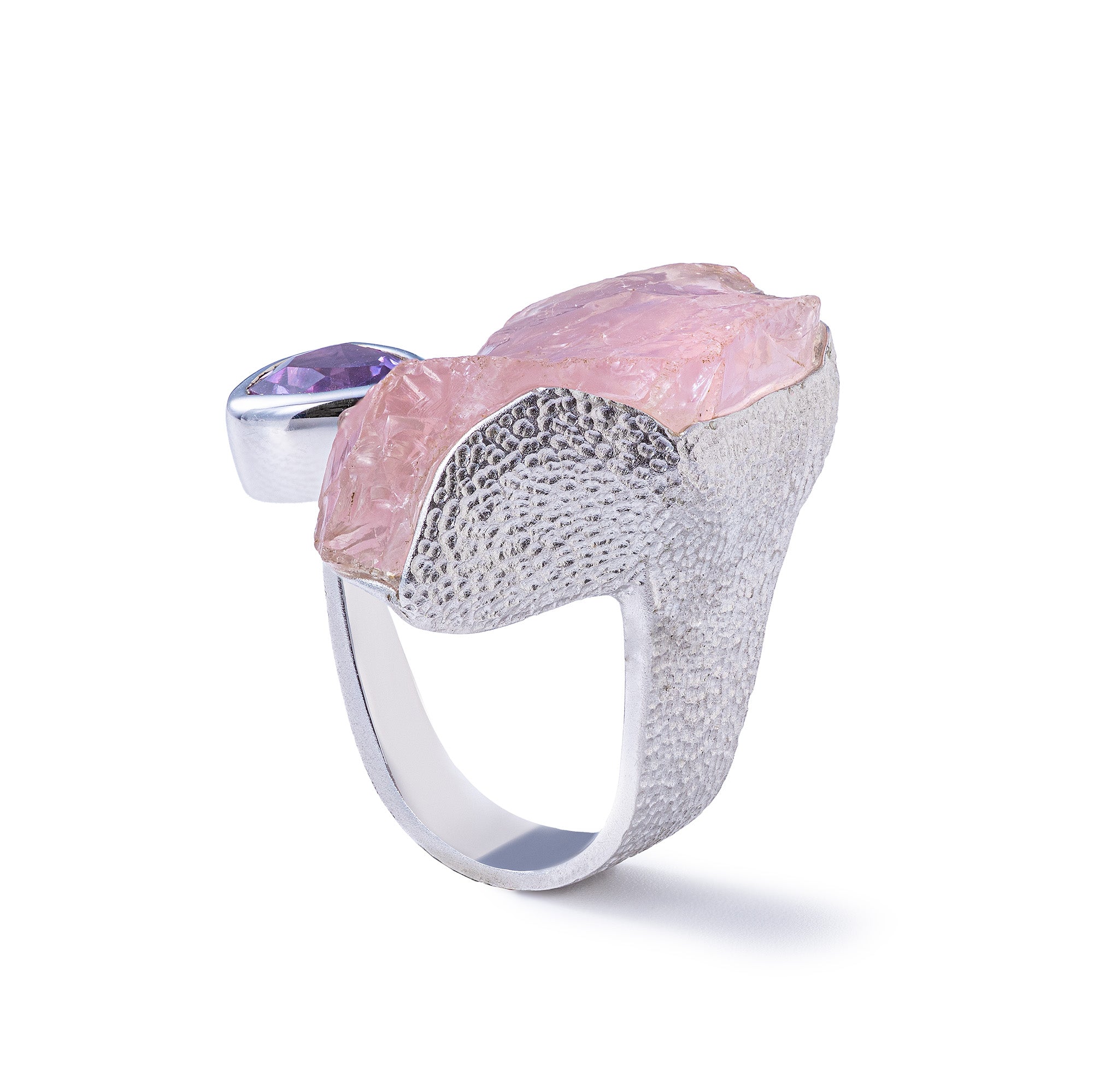 Nihal Rough Rose Quartz and Amethyst Ring