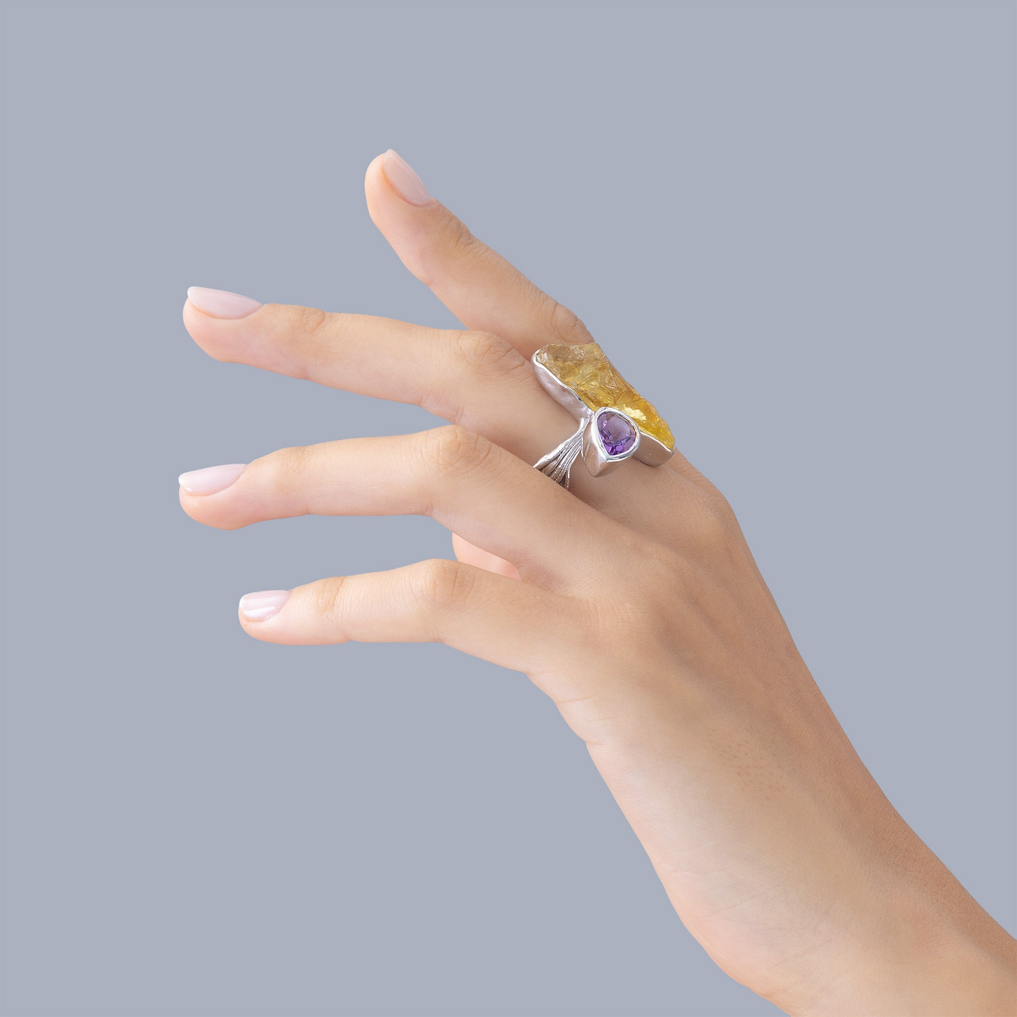 Hamal Rough Lemon Quartz and Amethyst Ring