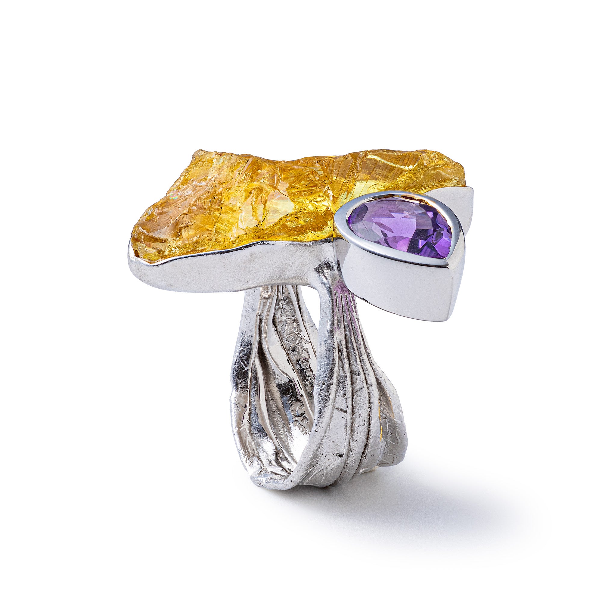 Hamal Rough Lemon Quartz and Amethyst Ring