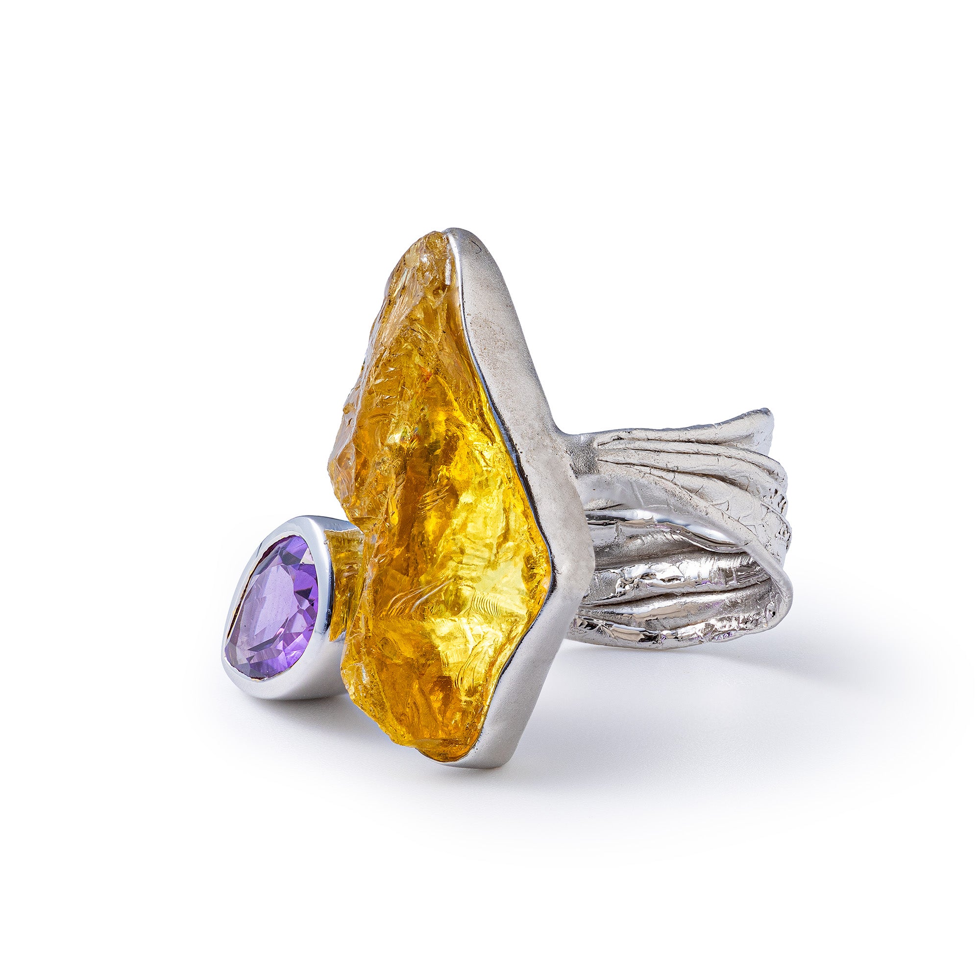 Hamal Rough Lemon Quartz and Amethyst Ring