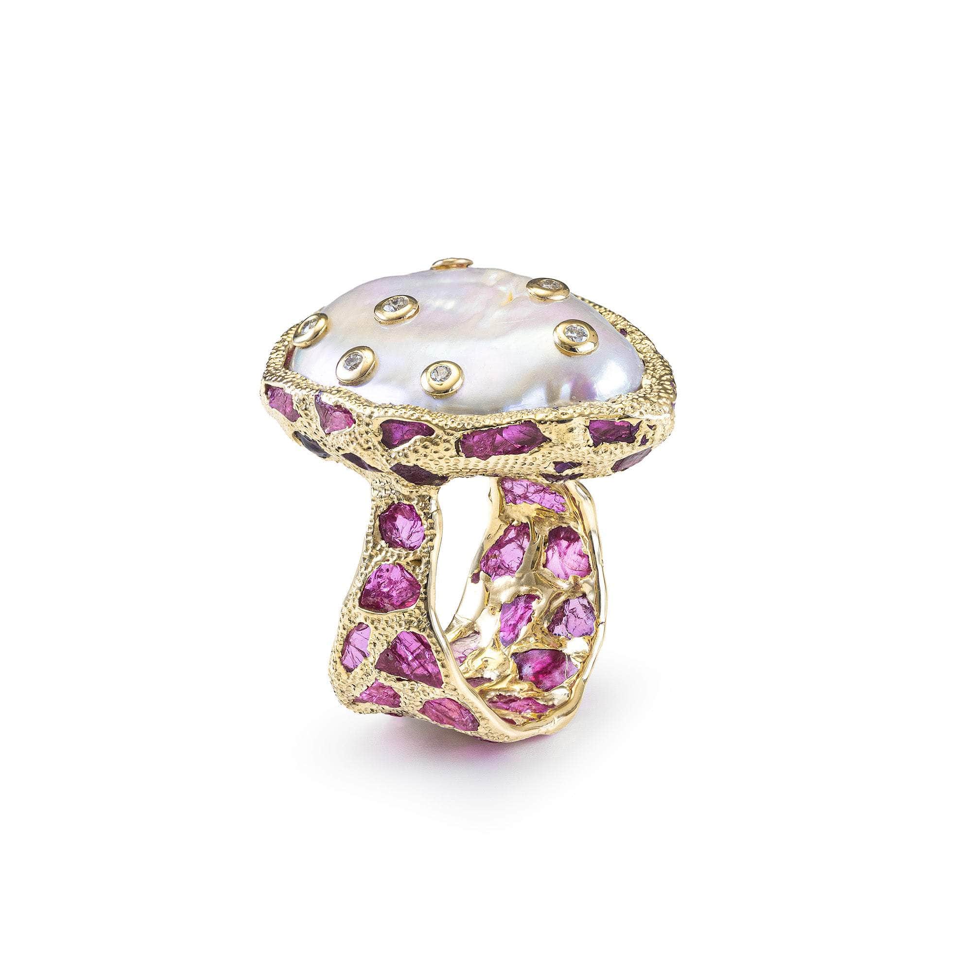 Rout Pearl and Rough Ruby and Diamond Ring GERMAN KABIRSKI