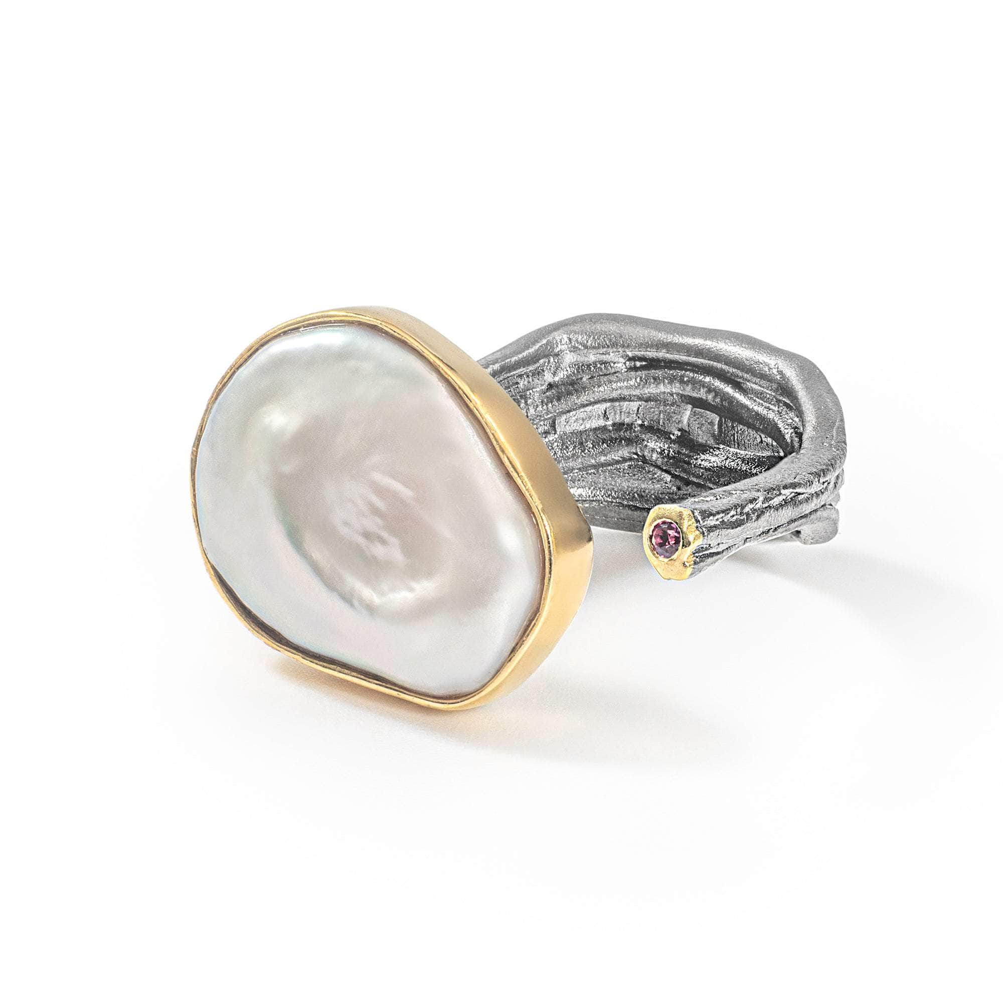 Laurel Baroque Pearl and Rhodolite Ring (Black Rhodium, Gold 18K) GERMAN KABIRSKI