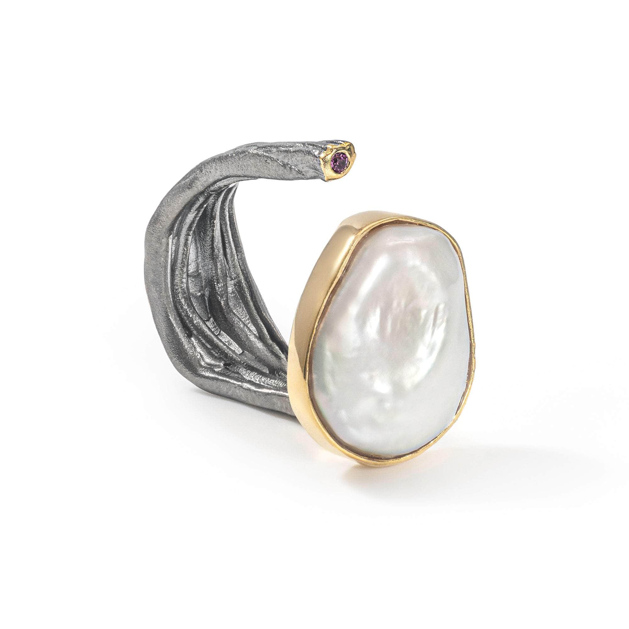 Laurel Baroque Pearl and Rhodolite Ring (Black Rhodium, Gold 18K) GERMAN KABIRSKI