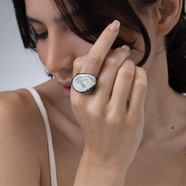 Zakiah Baroque Pearl and Rhodolite Ring (Black Ruthenium) GERMAN KABIRSKI