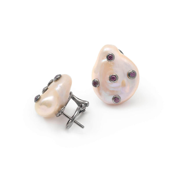 Kirei Baroque Pearl and Rhodolite Earrings (Black Ruthenium) GERMAN KABIRSKI