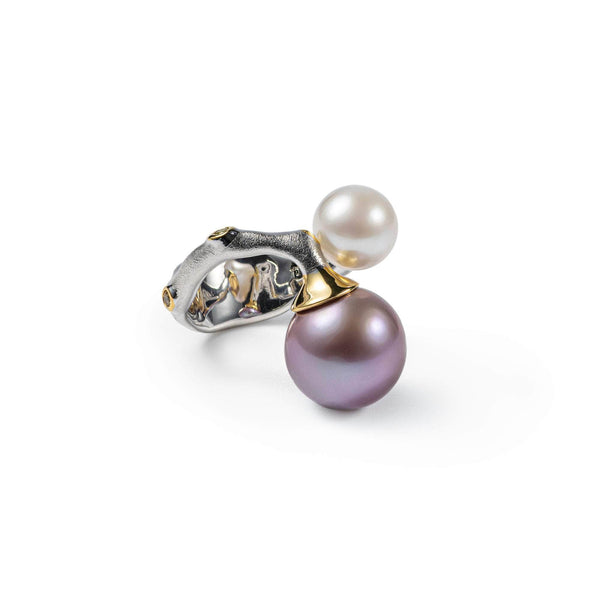 Yuva Purple Pearl and White Pearl and Peridot Ring (White Rhodium, Gold 18K) GERMAN KABIRSKI