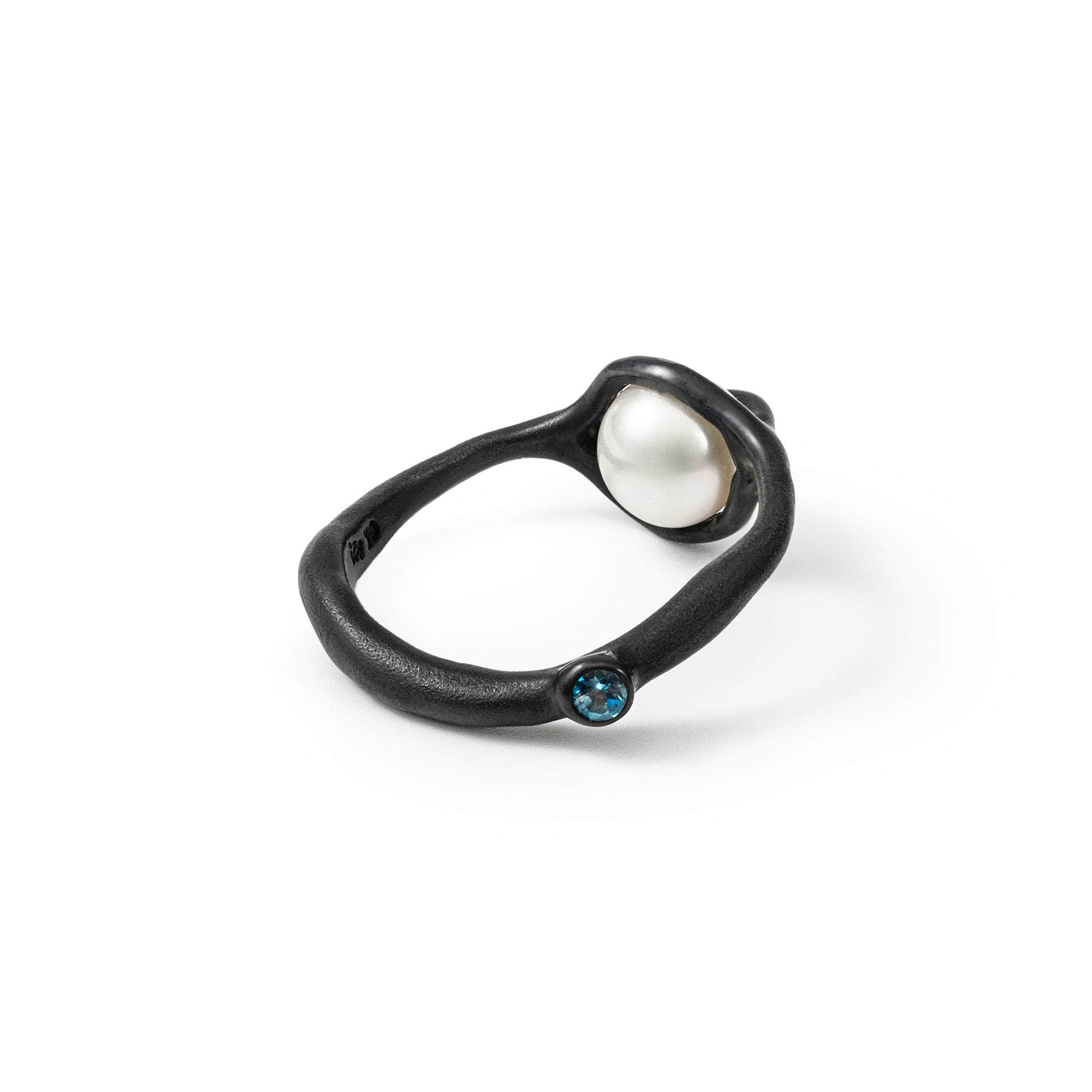 Lalin White Pearl and London Blue Topaz Ring (Black Anthracite) GERMAN KABIRSKI