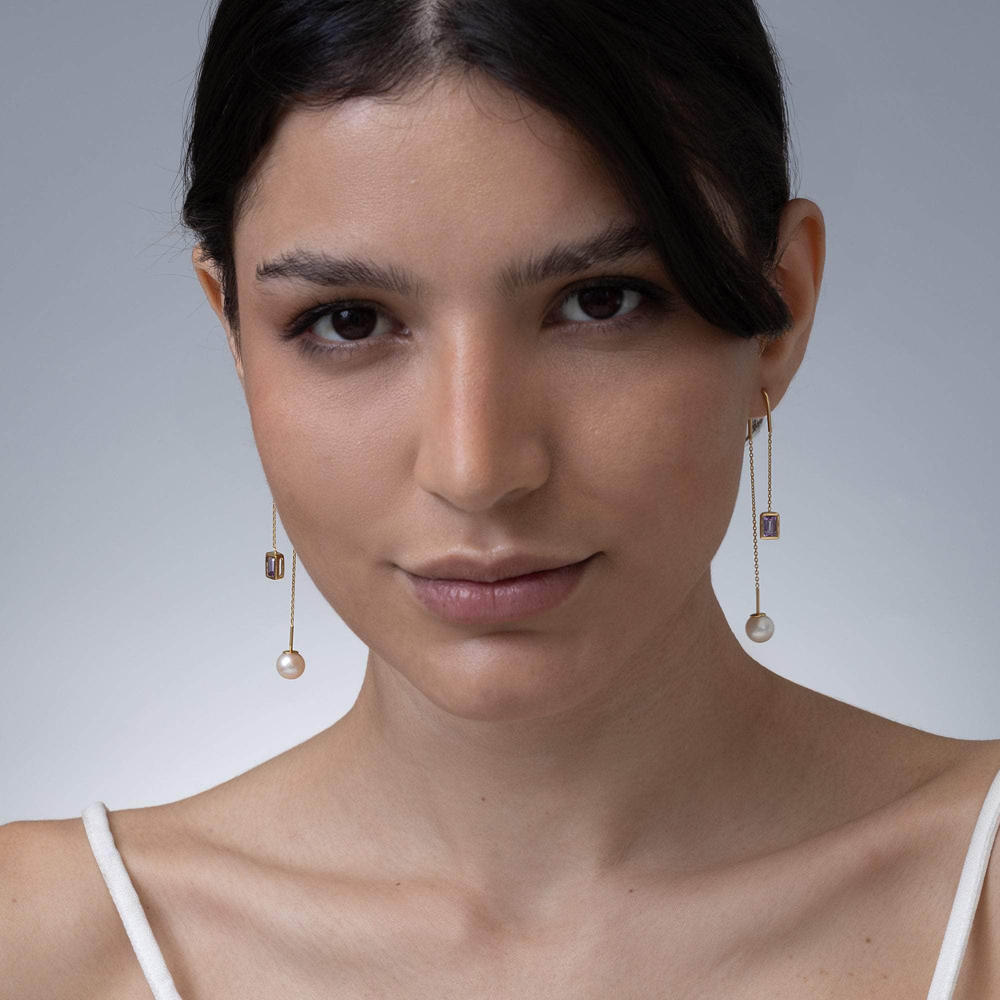 Lyra White Pearl and Amethyst Earrings (Gold 18K) GERMAN KABIRSKI