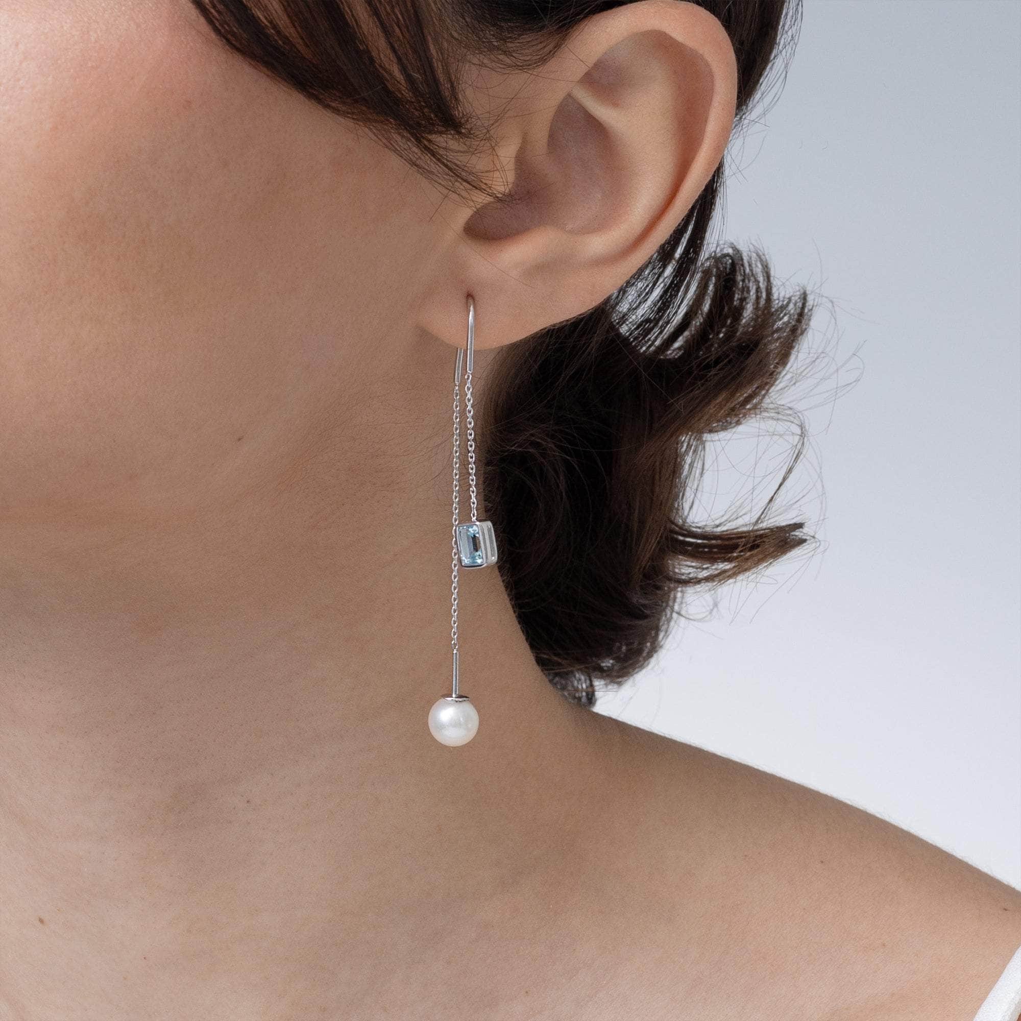 Lyra White Pearl and Blue Topaz Earrings (White Rhodium) GERMAN KABIRSKI