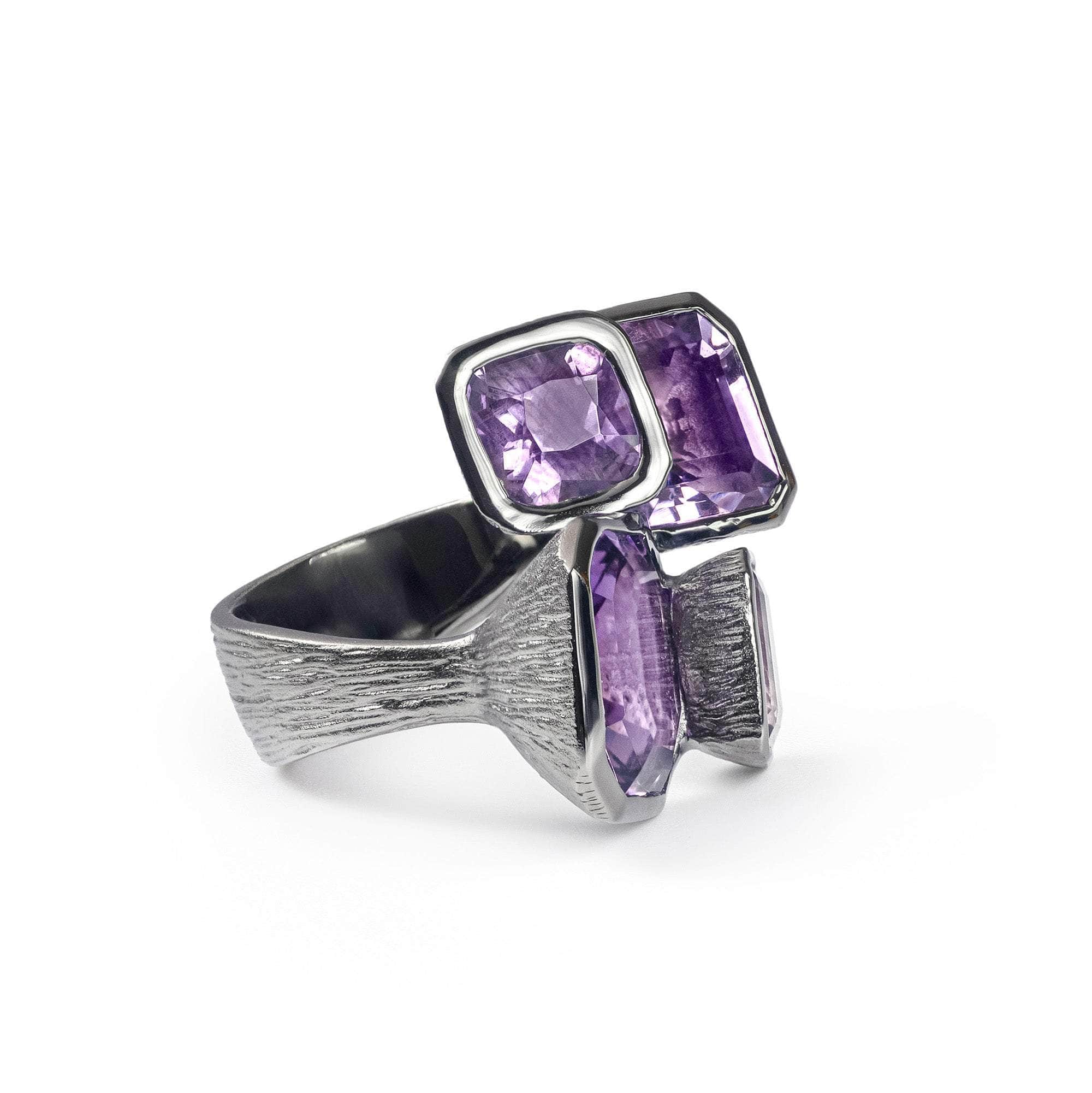Acan Iconic Statement 925 Silver Ring with Natural Amethyst in Black Rhodium