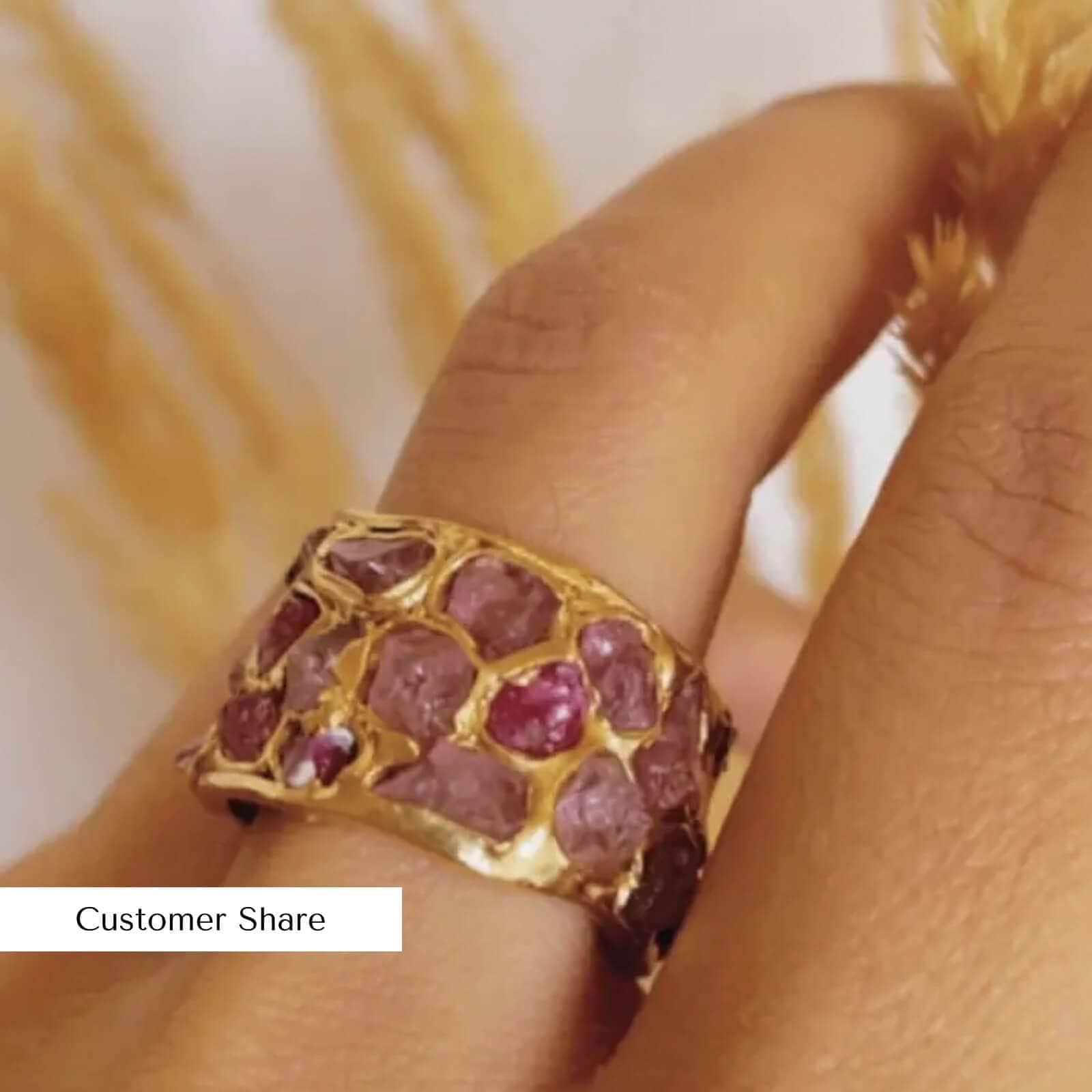Alcina Handcrafted Rough Ruby & Rough Pink Sapphire 925 Sterling Silver Designer Ring (18K Gold-Plated)