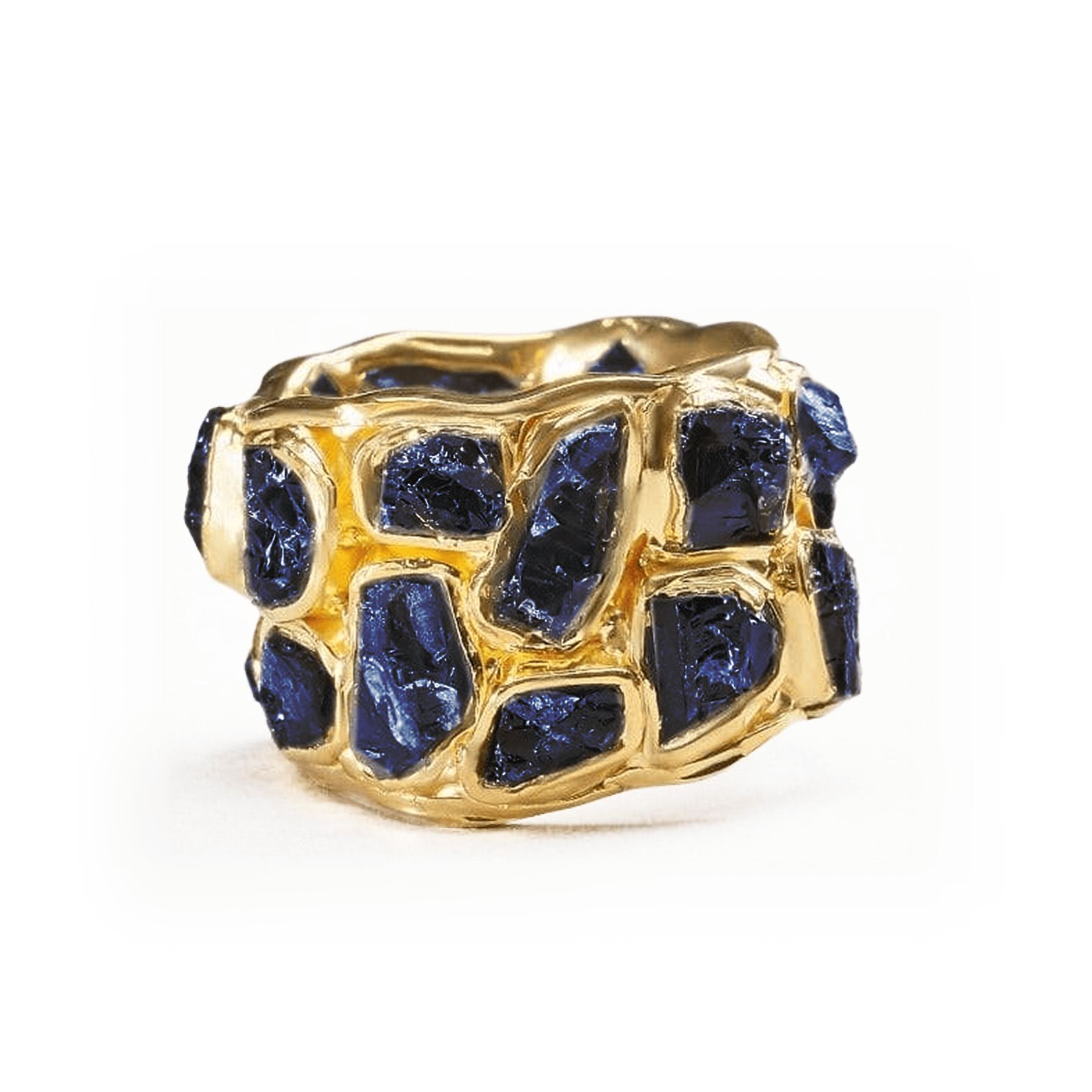 Alcina Natural Raw Blue Sapphire 925 Silver Ring in Signature 'Stained Glass' Technique (18K Gold-Plated)