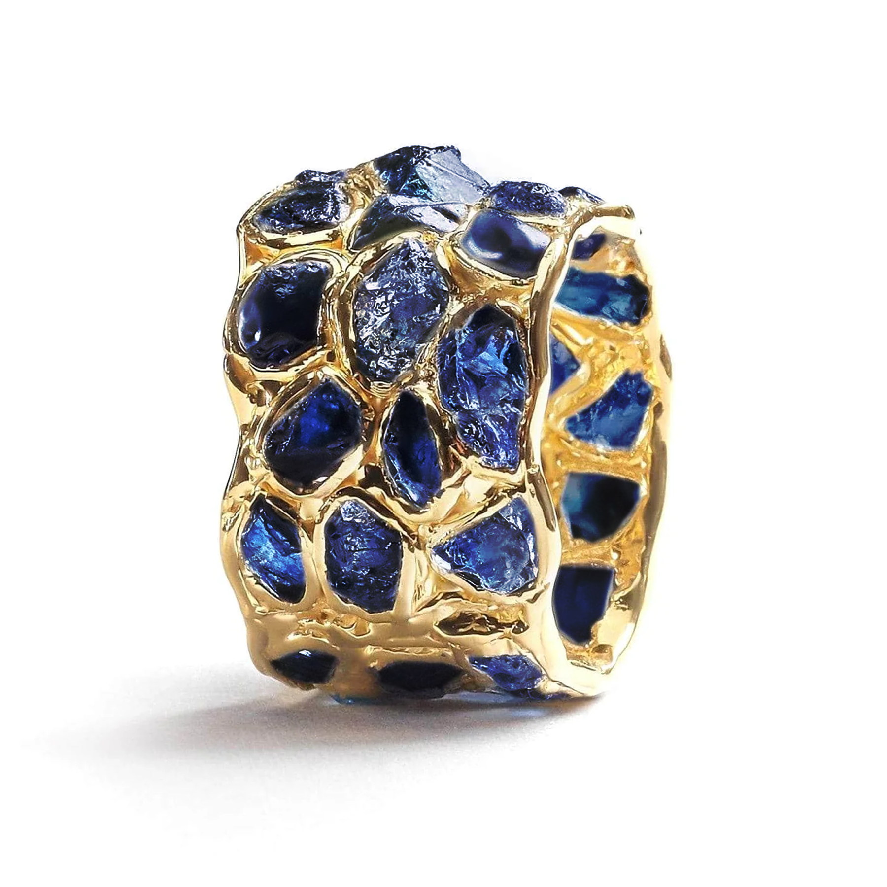 Alcina Natural Raw Blue Sapphire 925 Silver Ring in Signature 'Stained Glass' Technique (18K Gold-Plated)(3 row)