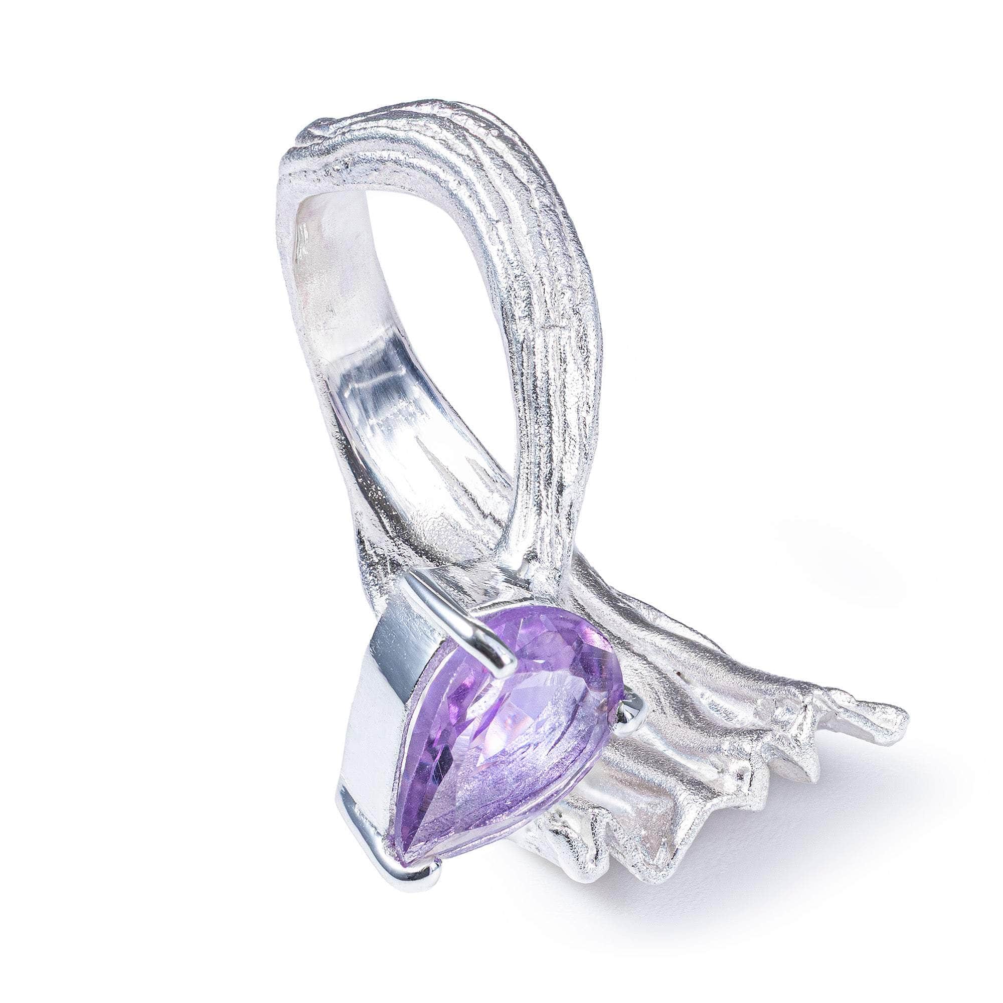 Alecto Open Band Ring in Silver with Pear Cut Amethyst and Textured Detail in Anti Tarnish Finish