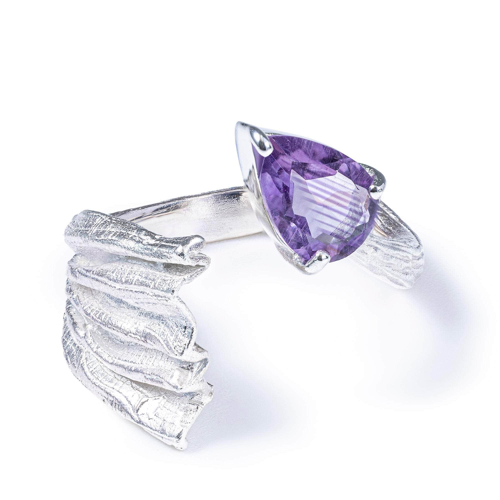 Alecto Open Band Ring in Silver with Pear Cut Amethyst and Textured Detail in Anti Tarnish Finish