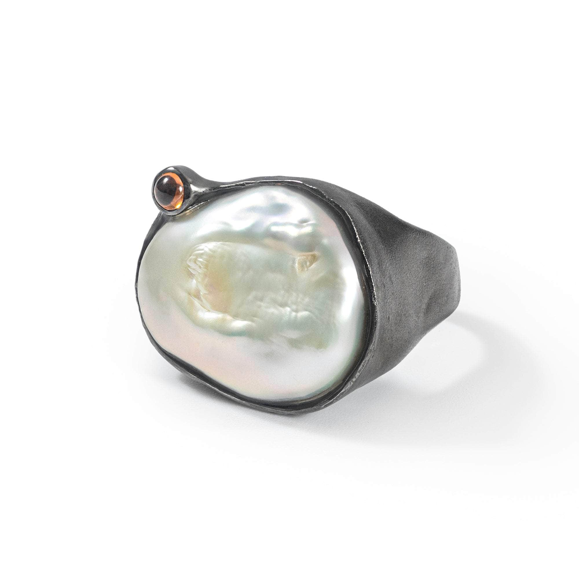 Anomo Baroque Pearl and Orange Sapphire Ring (Black Ruthenium) GERMAN KABIRSKI