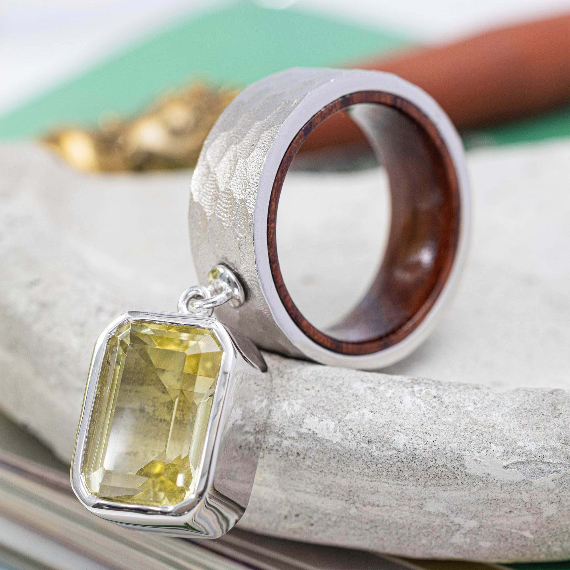 Apsara Handmade 925 Silver & Rosewood Ring with Octagon Lemon Quartz