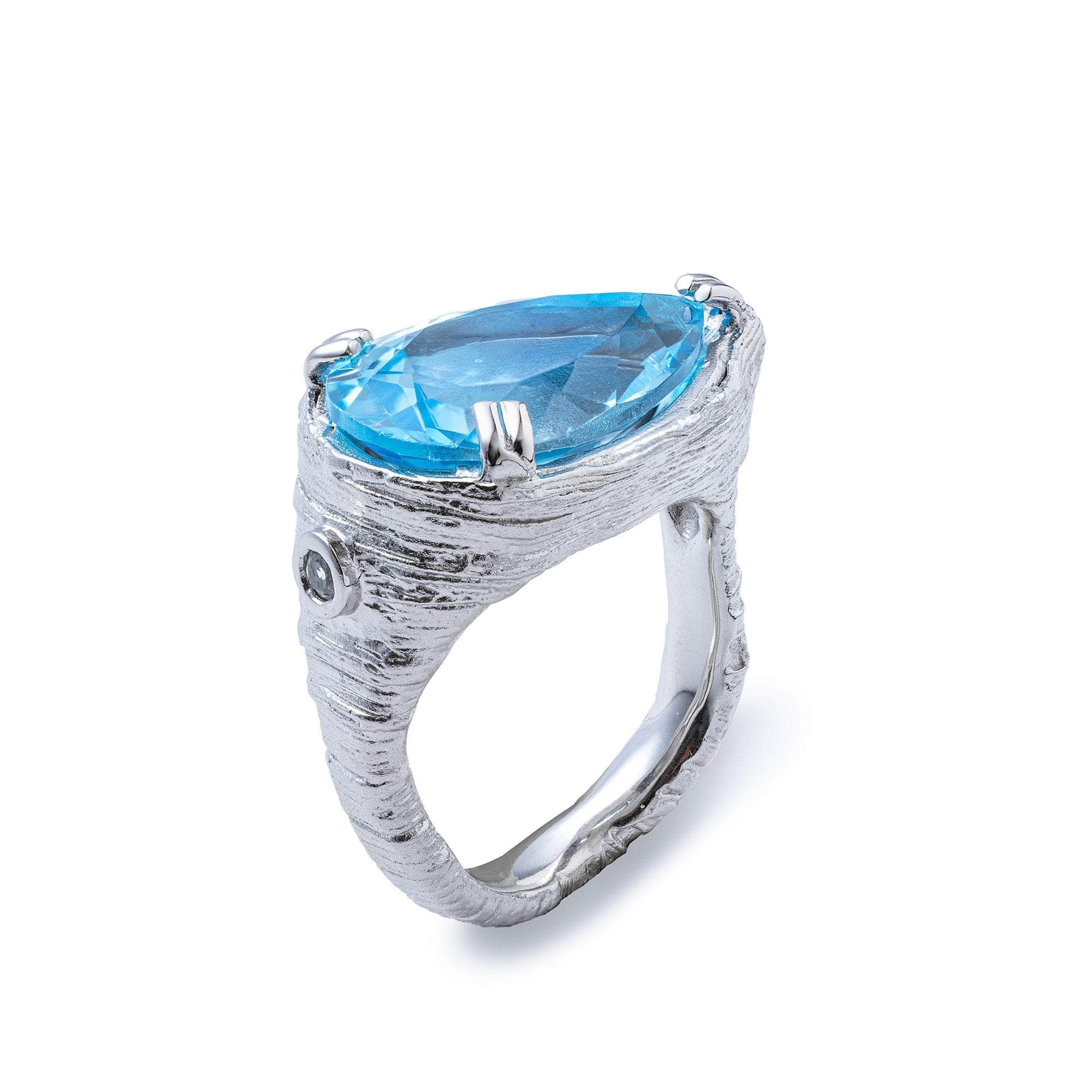 Aqua Textured 925 Silver Ring with Natural Pear-cut Blue Topaz