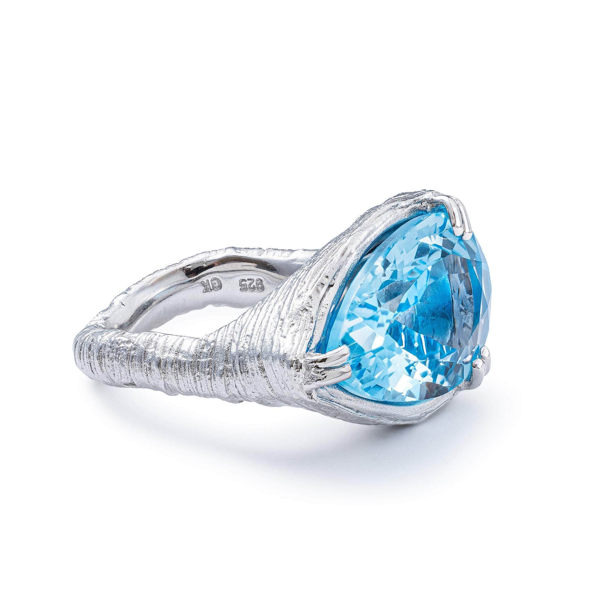 Aqua Textured 925 Silver Ring with Natural Pear-cut Blue Topaz