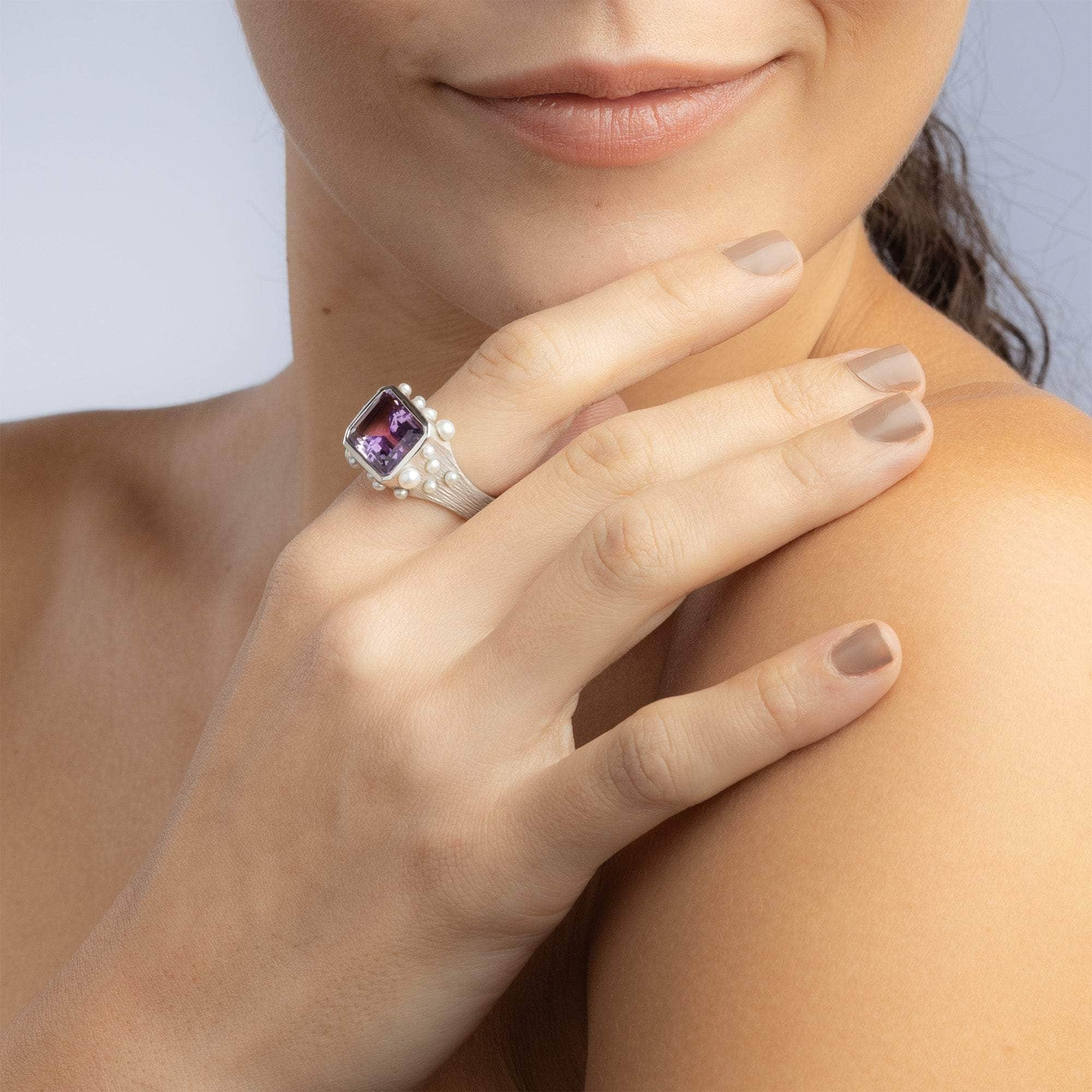 Aralez Statement Ring with Natural Amethyst & Micro Pearls in 925 Silver