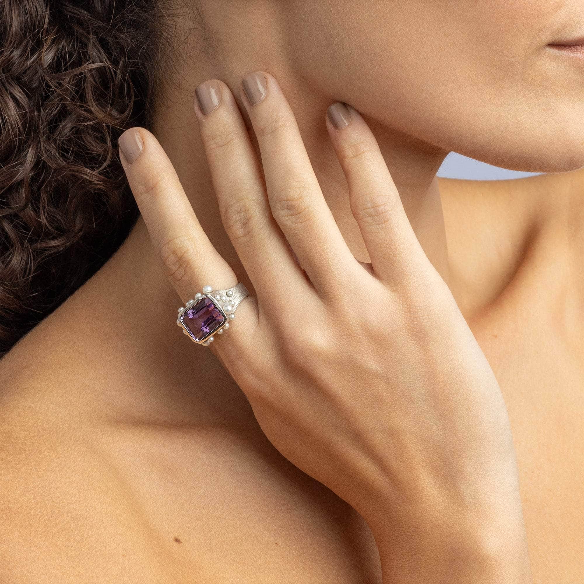 Aralez Statement Ring with Natural Amethyst & Micro Pearls in 925 Silver