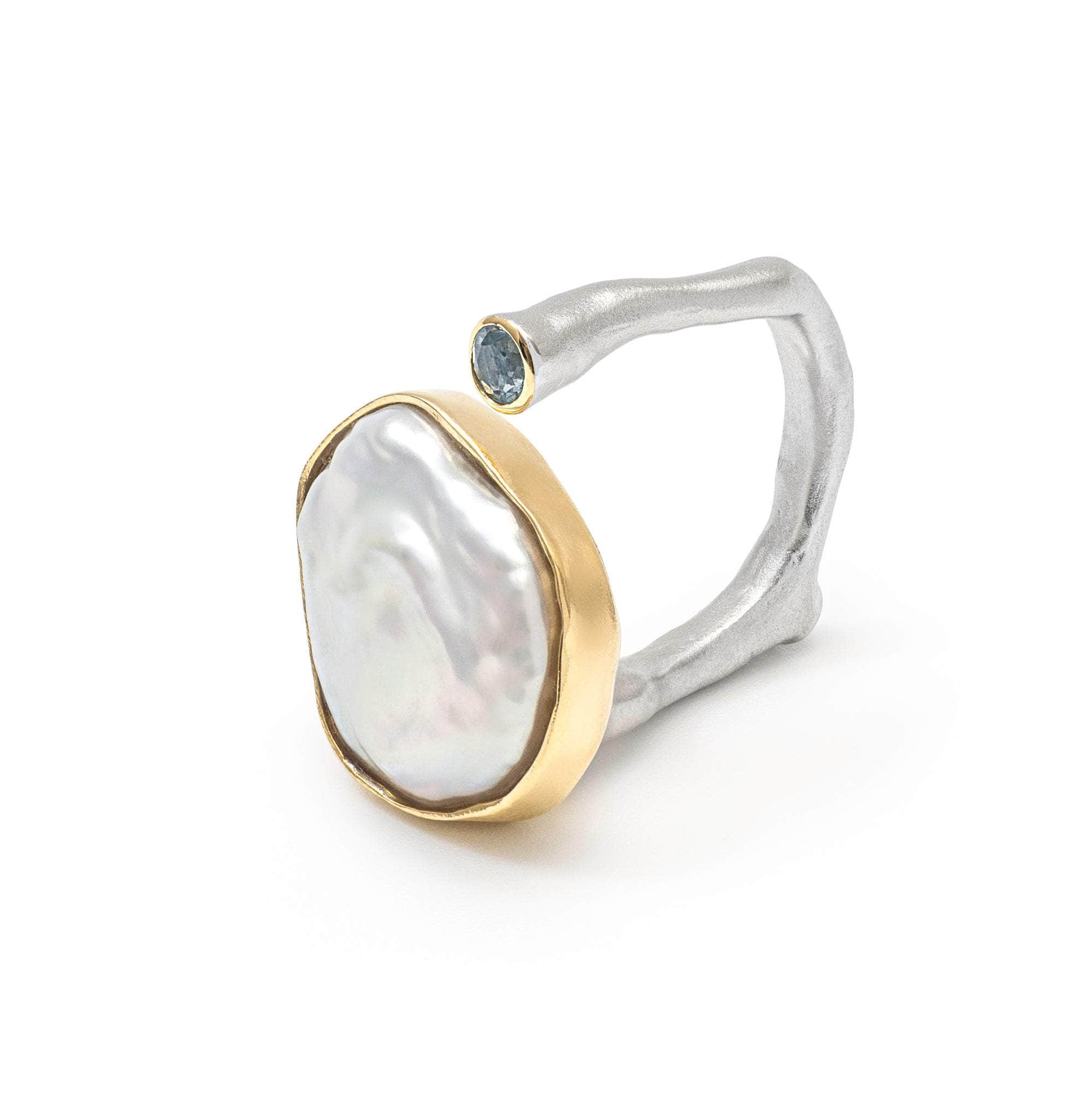 Aroob Baroque Pearl and Blue Topaz and Black Spinel Ring (White Rhodium, Gold 18K) GERMAN KABIRSKI